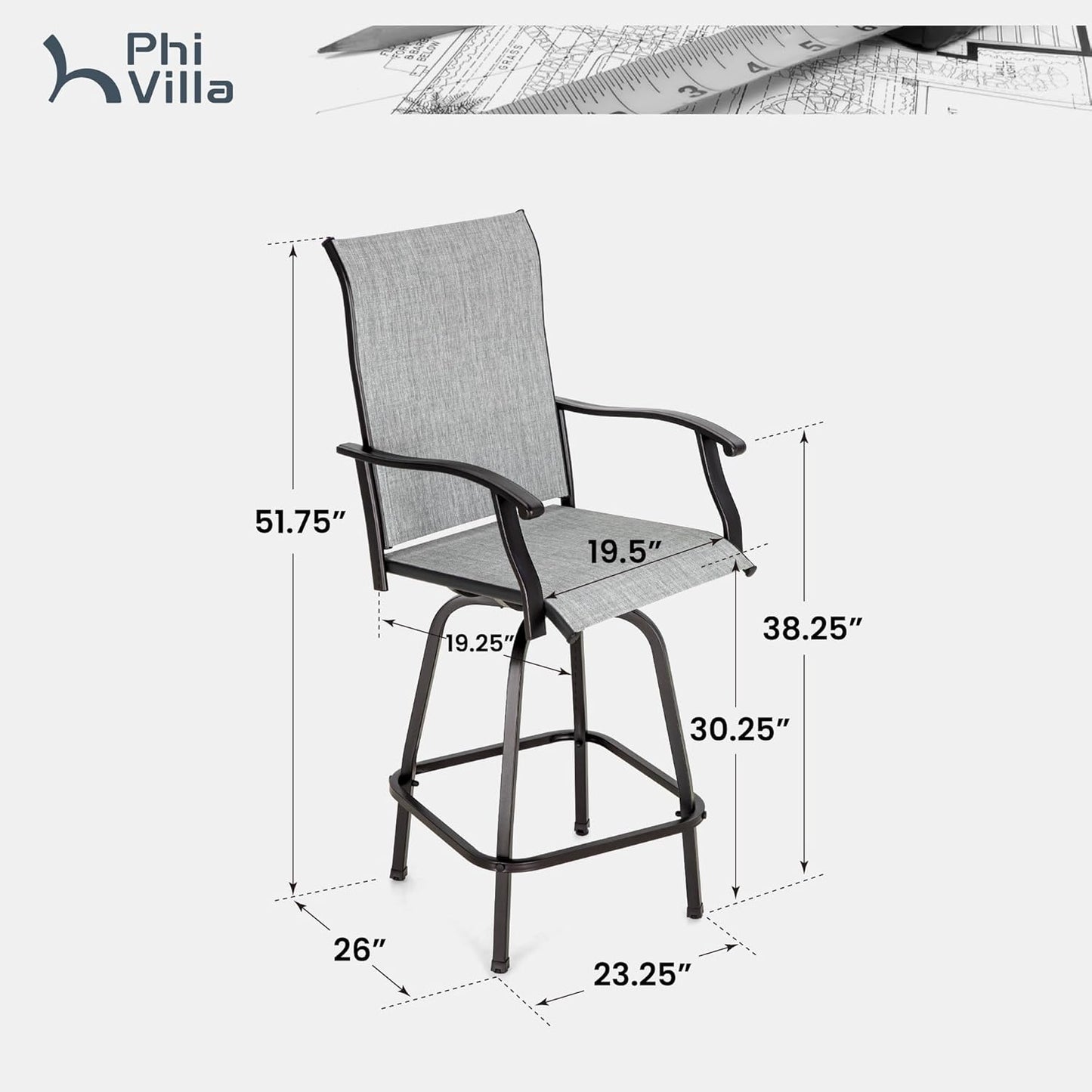 PHI VILLA Outdoor Swivel Patio Bar Stools Set of 6, 30 Inch Bar Height Tall Patio Chairs with Back & Armrest, Durable Textilene Fabric in Grey for Deck Lawn Garden
