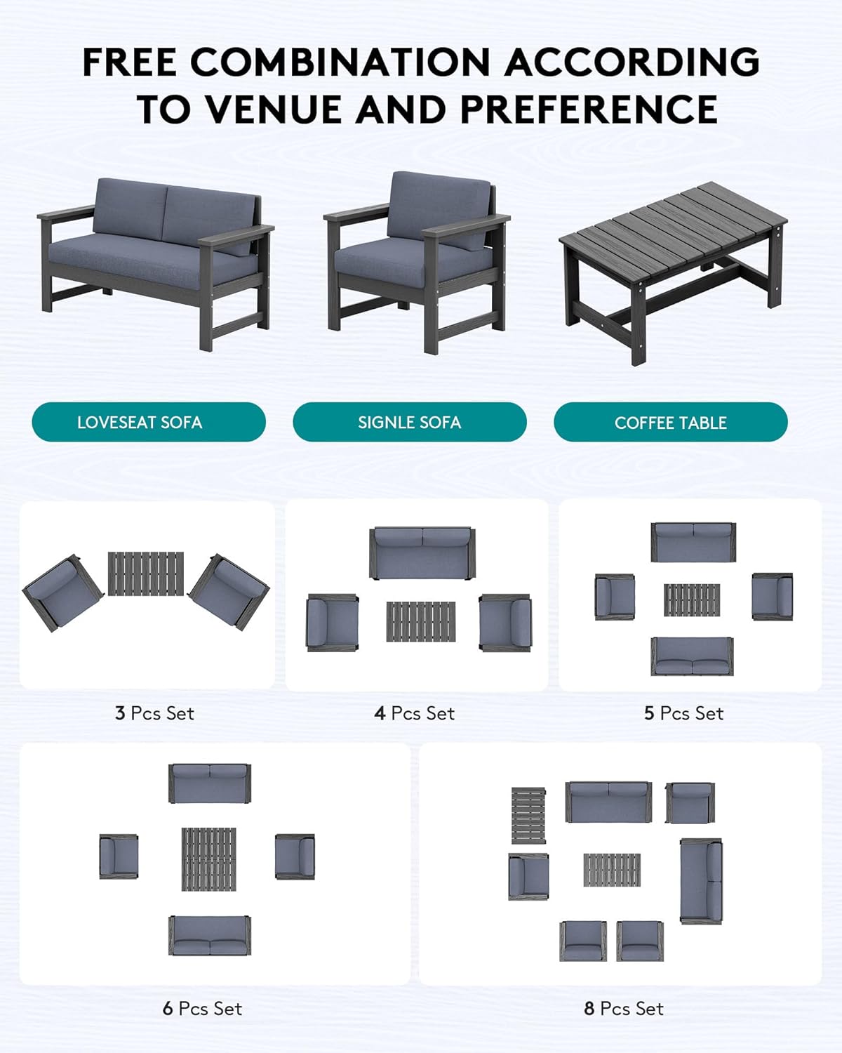 SERWALL 8 Pieces HDPE Outdoor Conversation Sofa Set with Cushions, All Weather Use Couch Loveseat Furniture Set with Pads, Outdoor Social Sofa Coffee Table Set, Grey Frame with Grey Cushions