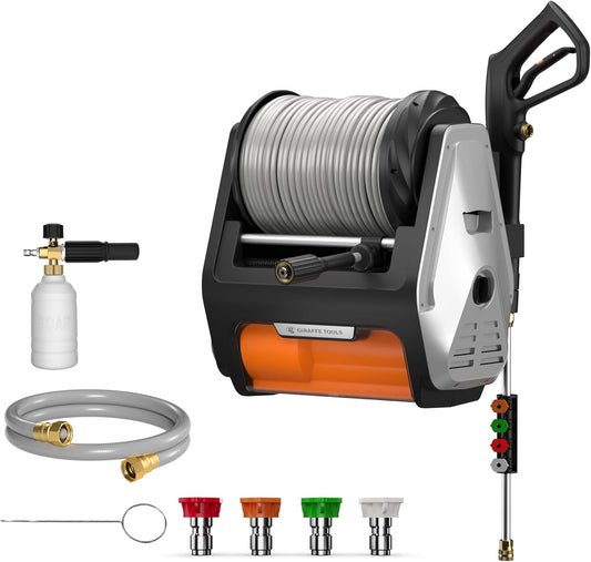 Giraffe Tools Wall Mounted Pressure Washer PRO with Upgraded 1800W Brushless Motor, Max 3700PSI Electric Power Washer with 100ft Detachable Hose for Car/Patios, Automatic Rewind, Any Length Lock