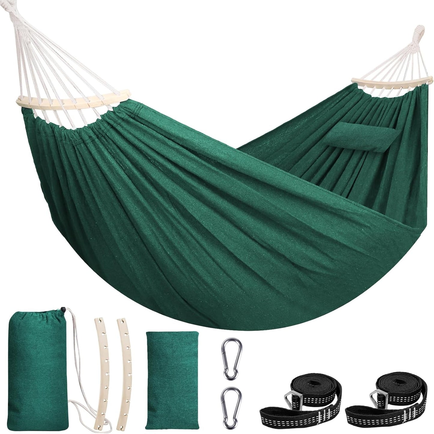 Chihee Cotton Hammock Large Soft Breathable Camping Hammock Holds Up to 660lbs Portable Tree Hammock with Detachable Spreader Bar Pillow 2 Strong Webbings 2 Carabiners Patio Garden Indoor Outdoor
