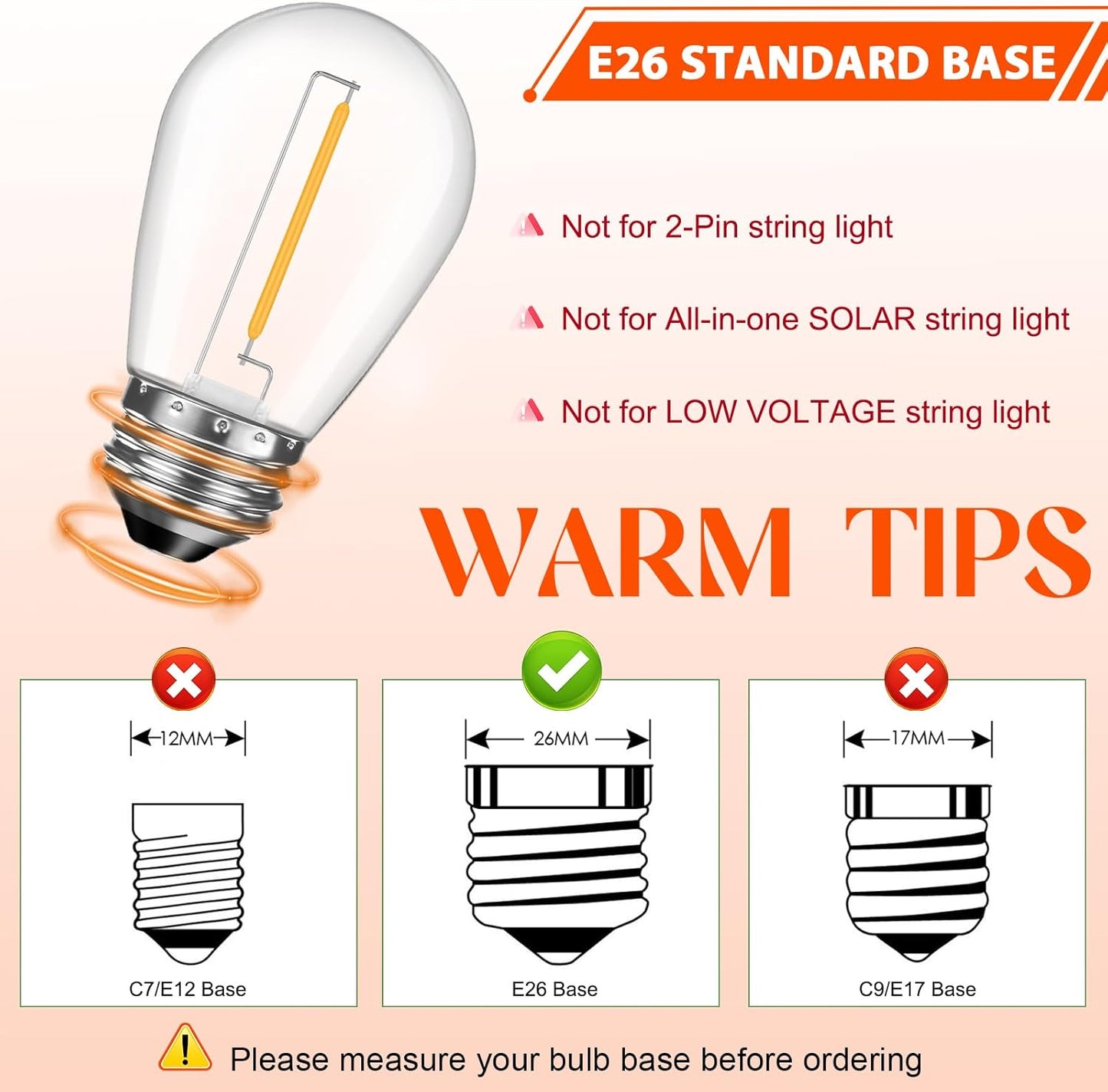 48 Pack Shatterproof LED Replacement Bulbs for Outdoor String Lights, S14 Edison Bulbs for Patio String Lights Outdoor Waterproof, Warm White 2200K, Dimmable, E26 Standard Base