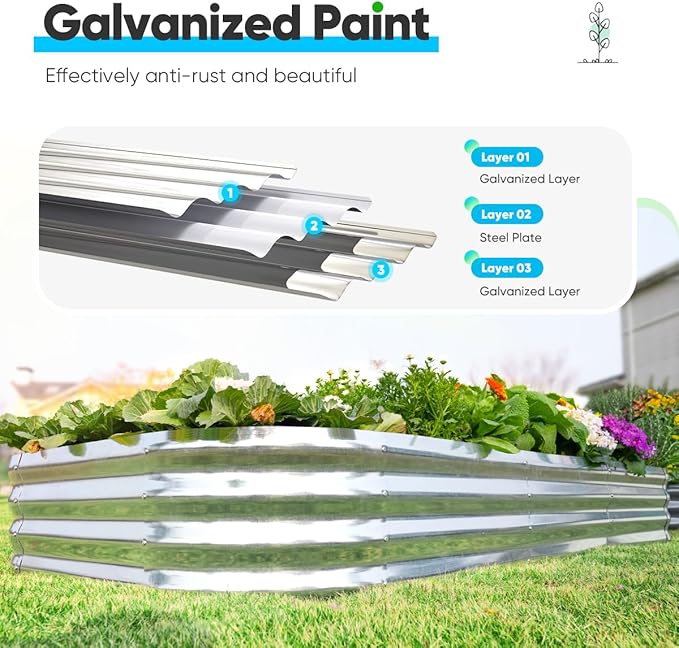 Quictent Galvanized Raised Garden Bed Kit, 6x3x1ft Oval Large Metal Outdoor Planting Box, Ground Planter Strengthened by Crossbar, Silver