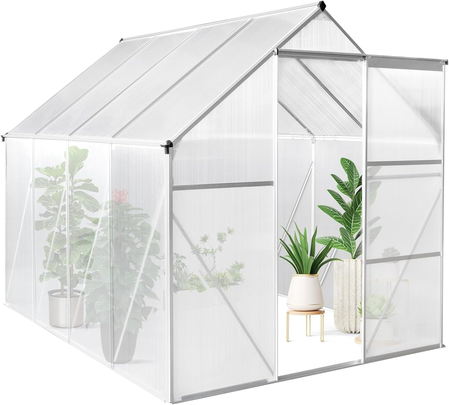 Greenhouse for Outdoors, 6x8 FT Heavy Duty Polycarbonate Greenhouse with 5 Roof Vents, Aluminum Large Walk-in Greenhouse for Outside Garden Backyard, Easy Setup, Silver
