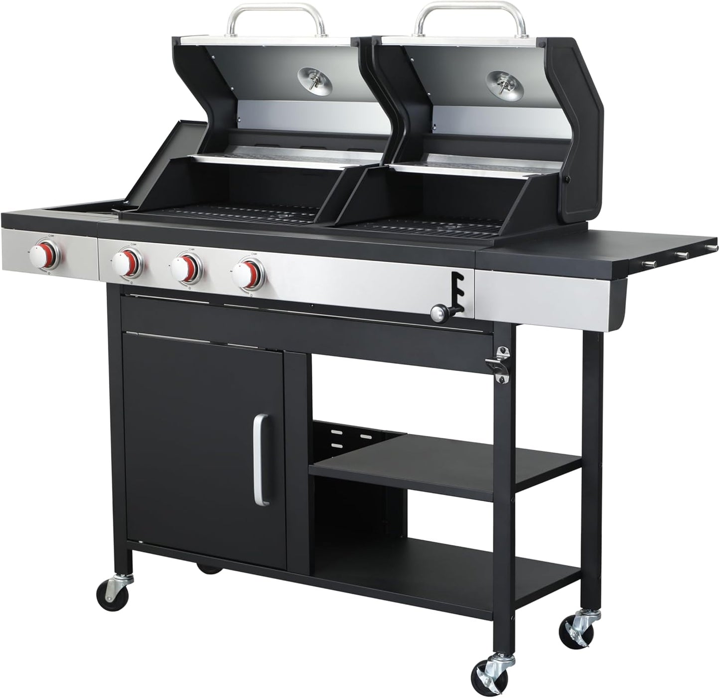 3-Burner Propane Gas BBQ Grill with Side Burner and Charcoal Grill Combo, 37,230 BTU, Enameled Cast Iron Grates, Stainless Steel Outdoor Grill for Patio and Backyard