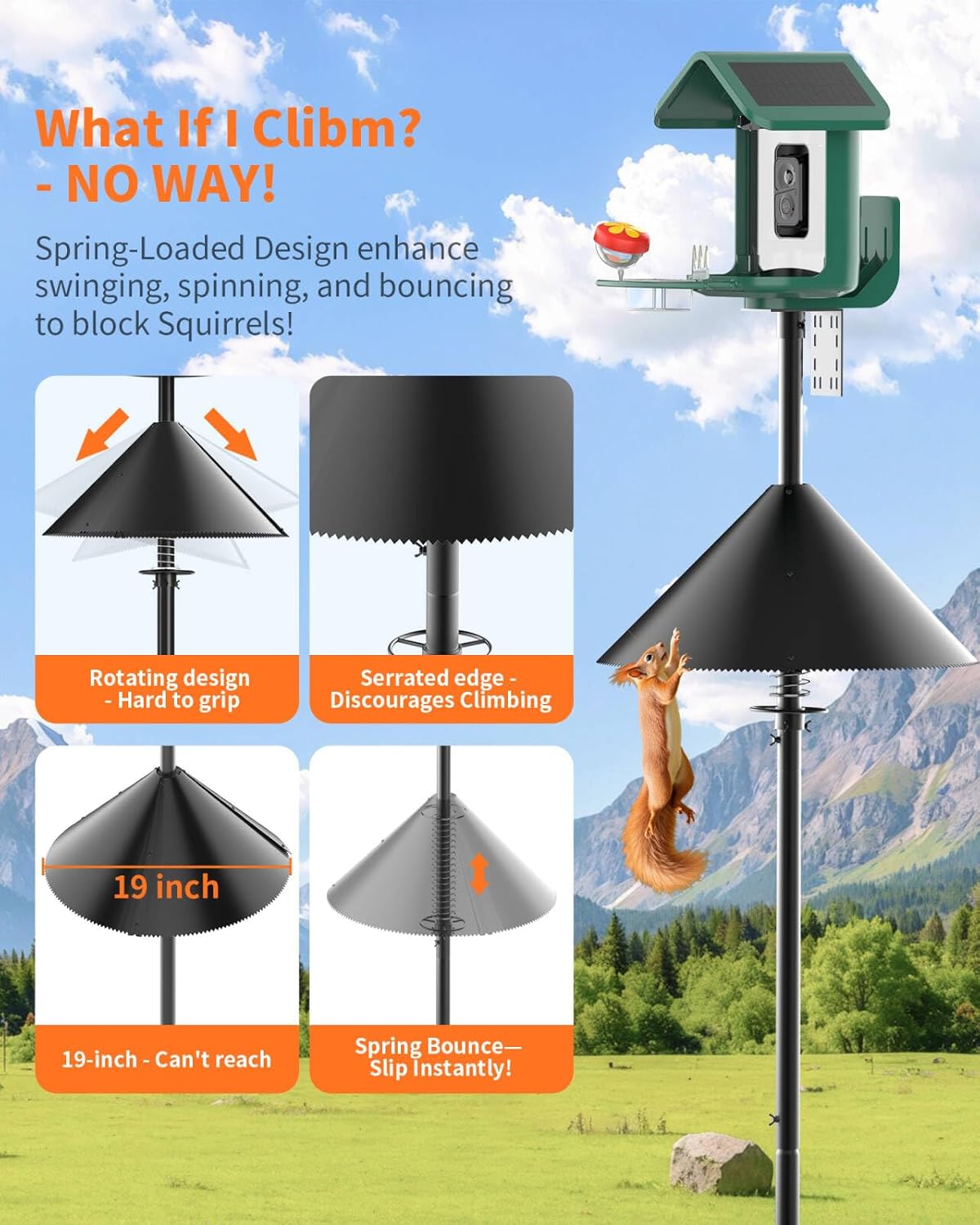 Squirrel Baffle for Bird Feeder Pole - Polycarbonate Bird Feeder Baffle with Stainless Steel Spring for Better Protection, 19 Inch Squirrel Guard for Outside Pole Mount, Metal Buckle