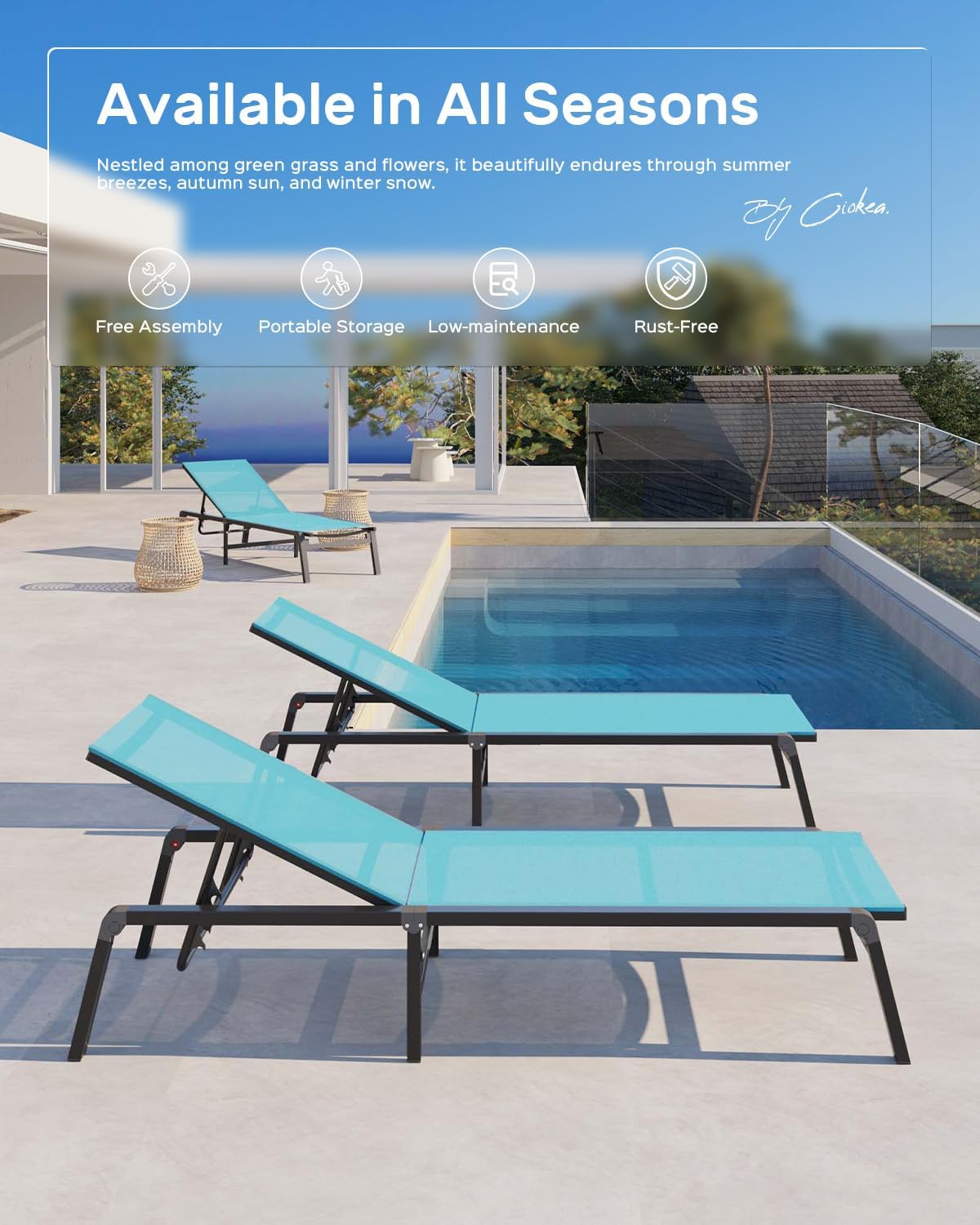Aluminum Chaise Lounge Ourdoor - Foldable & Assemble Free Outdoor Lounge Chair with 5 Adjustable Backrest, Patio Lounge Chair for Outside Poolside Beach Pool, Lake Blue