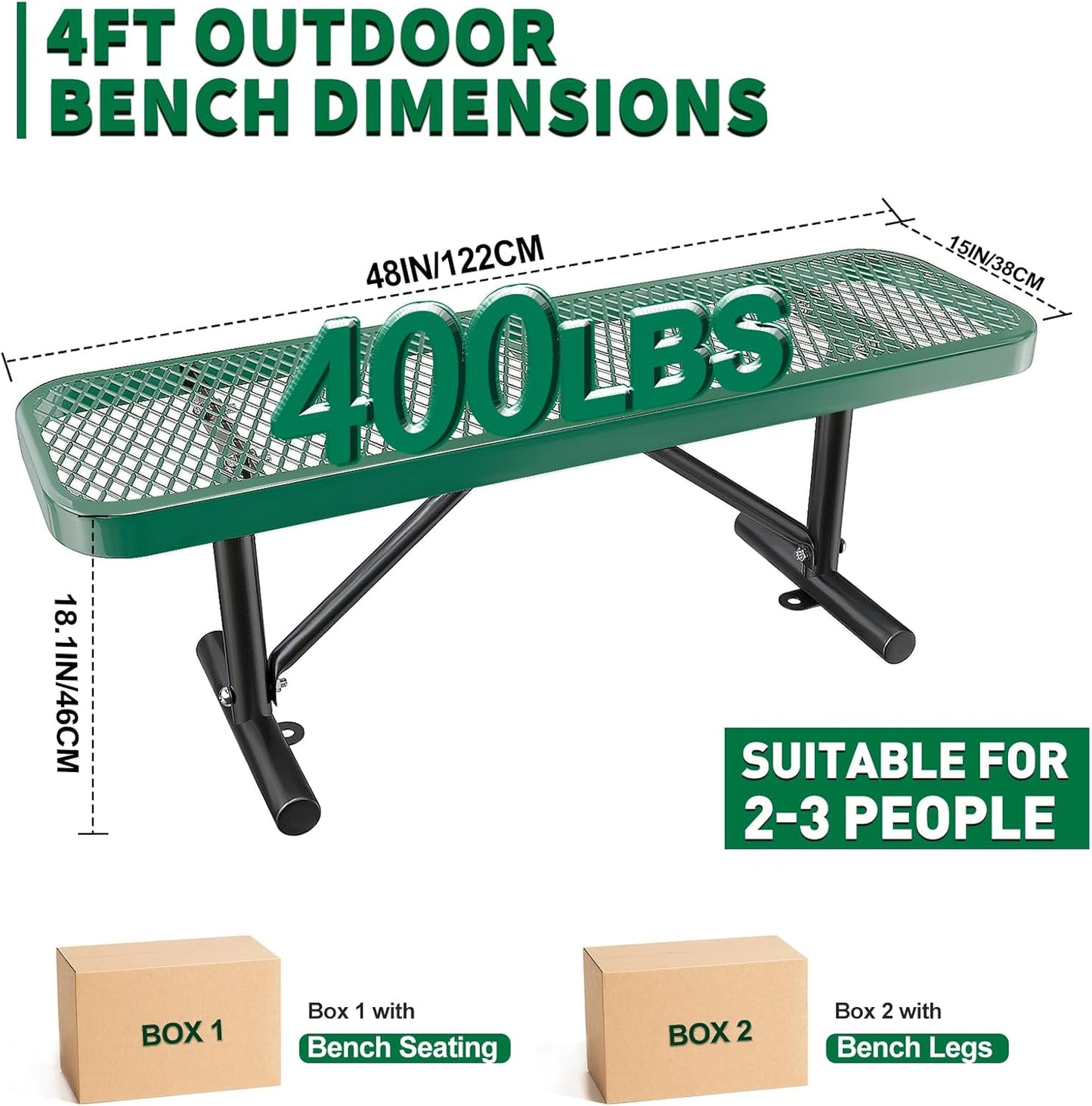 Heavy-Duty Park Bench or Table for Outside - Black Coated Outdoor Furniture Steel Bench, Commercial-Grade Outdoor Benches Weatherproof for Park, Patio, Porch (Green, 4FT (Without Backrest))