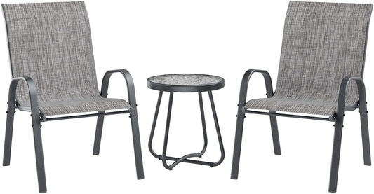 UDPATIO Patio Dining Set of 3, Outdoor Table and Chairs Set with Glass Table, 2 Stackable Patio Chairs with High Back, Outdoor Furniture Sets for Deck Garden Backyard Lawn Poolside (Light Grey)