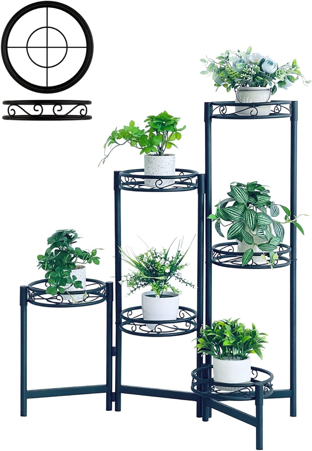Plant Stand Indoor Outdoor, 6 Tier Metal Flower Shelf for Multiple Plants Corner Tall Floding Flower Holders for Patio Garden Living Room Balcony Bedroom - BlackCircle