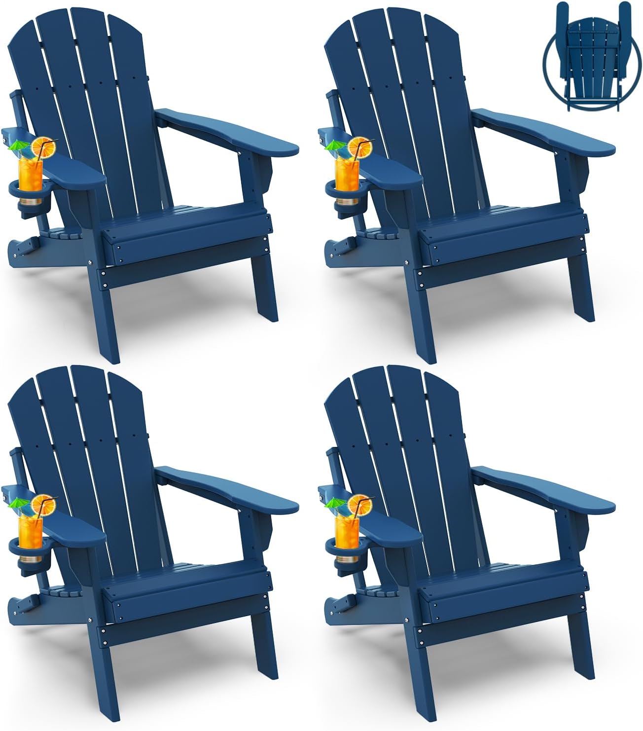 GREENVINES Folding-Adirondack-Chairs-Set-of-4 | HDPE Plastic | Fire Pit Chair | All Weather | Cup Holder | Blue | for Deck Backyard Patio Outdoor Garden