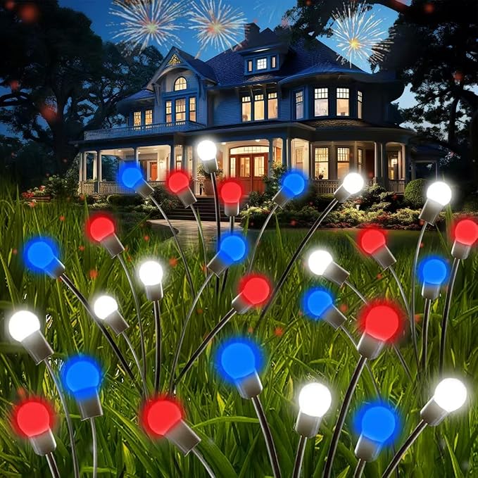 Red White and Blue Solar American Flag Firefly Lights, 8 PK Firefly Light 4th of July Patriotic Solar Outdoor Lights Waterproof, Independence Day Patriotic Decor for Garden Yard Decorations