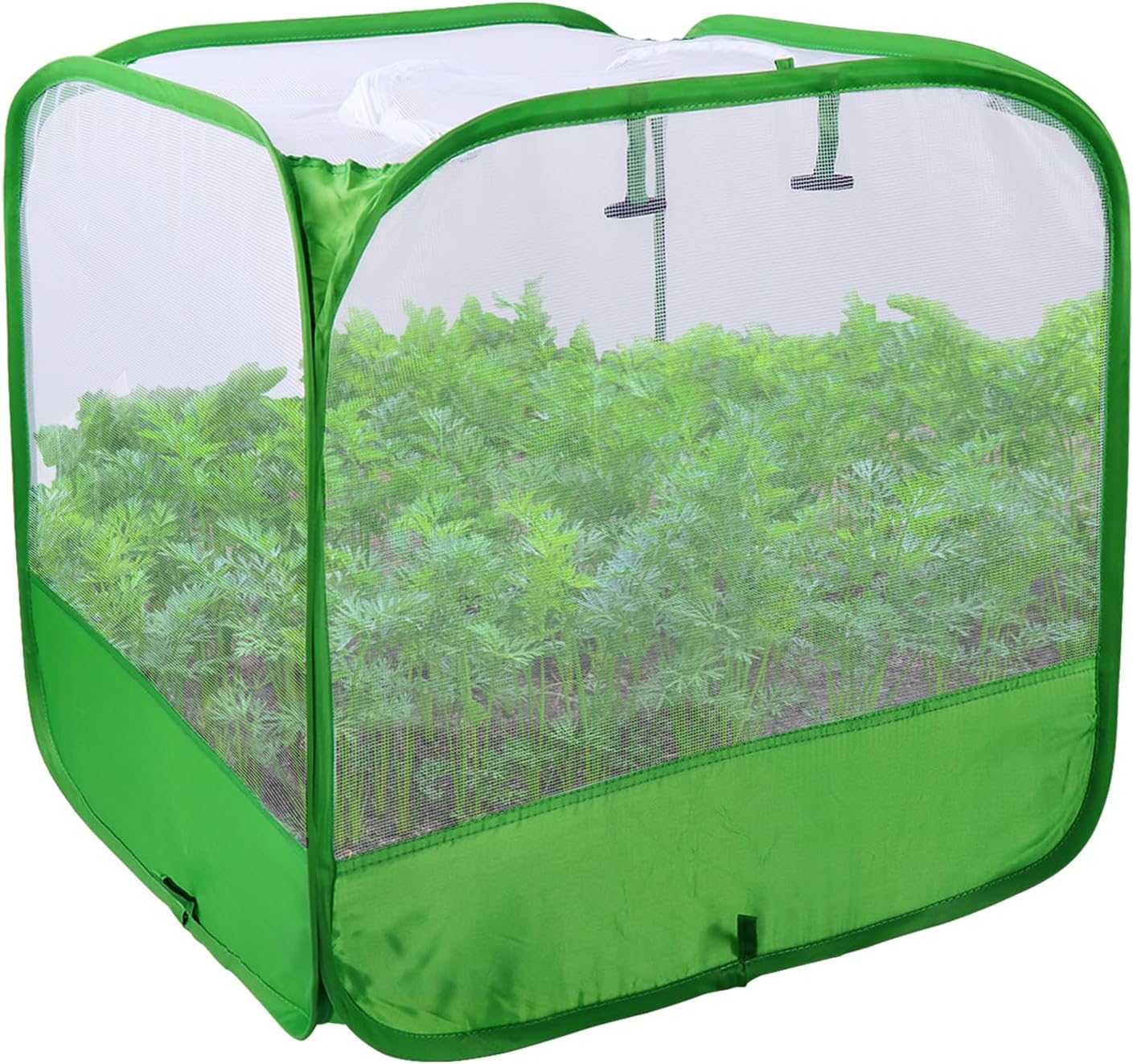 Mesh Plant Cover for Outdoor, Plant Netting Protector Garden Cover Cloche for Fruit, Vegetables, Strawberry, Flowers and Herbs Pop-Up Cage with 4 Stakes (White with Green, 19.7" x 19.7" x 19.7")