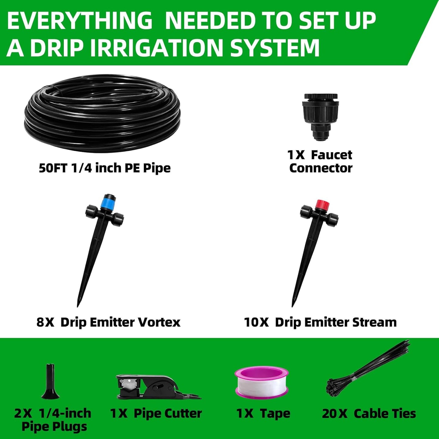 50FT Drip Irrigation System, 2025 Quick Connector Garden Irrigation System, Adjustable Nozzle, Garden Watering System with 1/4 '' Pipe, Garden, Vegetable, Greenhouse, Lawn Sprinkler
