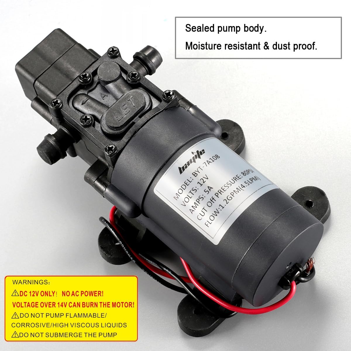 bayite 12V DC Water Transfer Pump with 2 Hose Clamps 12 Volt Diaphragm Pump Self Priming Sprayer Pump with Pressure Switch 4.5 L/Min 1.2 GPM 80 PSI for Weed ATV Marine Boat