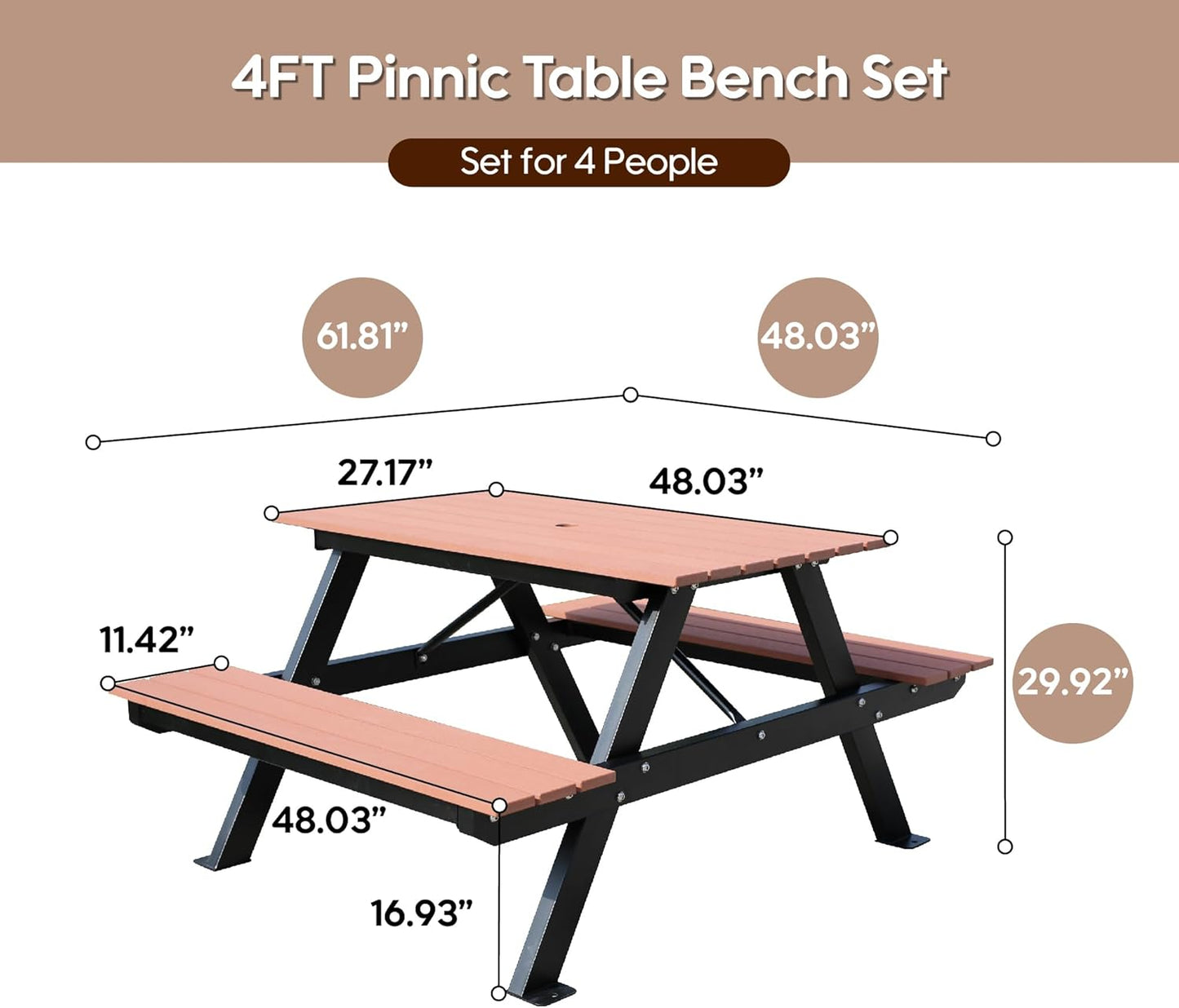 4FT Outdoor Picnic Table and Bench Set with 2" Umbrella Hole, WPC Tabletop Seattop Patio Dining Set for 4 People, Outdoor Dining Table and Chair for Park Garden Yard Patio- Brown
