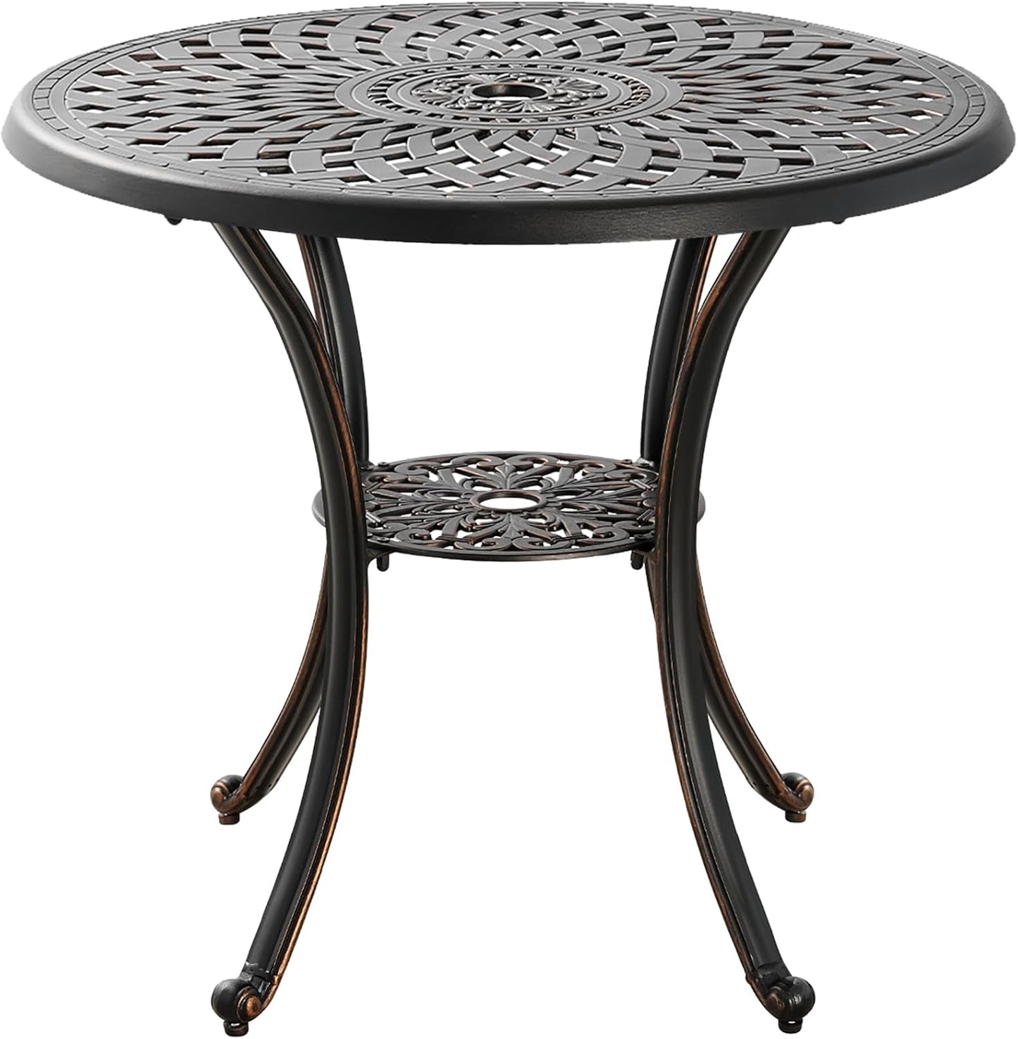 Outdoor Table Round Bistro Dining Table With Umbrella Hole for Lawn Garden, All Weather Metal Black Patio Table (31.5", Round), Bronze