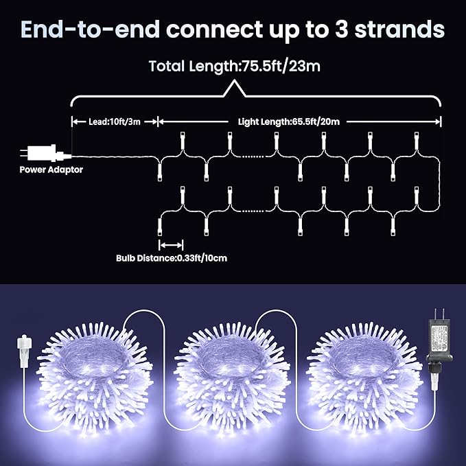 Color Changing 75ft 200 LED White & Multicolor Christmas String Lights with Remote, 11 Modes Twinkle Lights Waterproof for Christmas Party, Garden, Holiday, Xmas Tree Decor