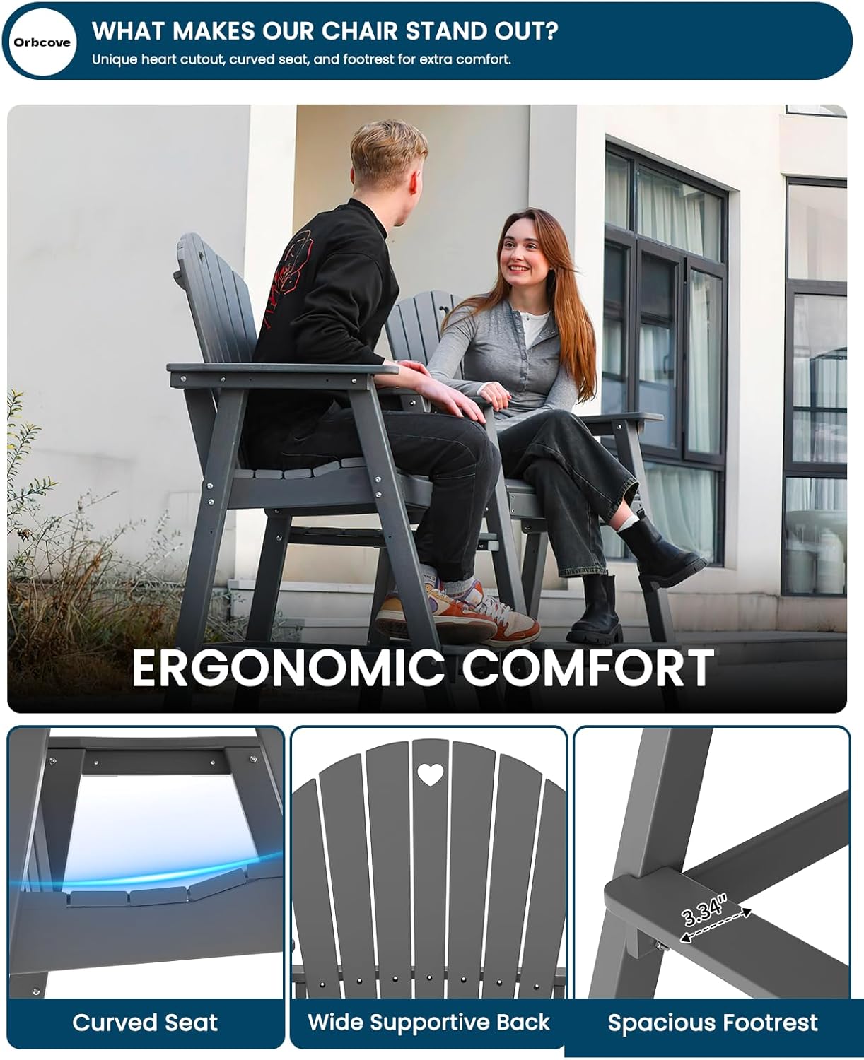 Tall Adirondack Chairs Set of 2-Durable HDPE Outdoor Bar Stools with Double Connecting Tray, Weatherproof Patio Furniture for Poolside, Backyard, Deck & Lawn Relaxation (Gery)