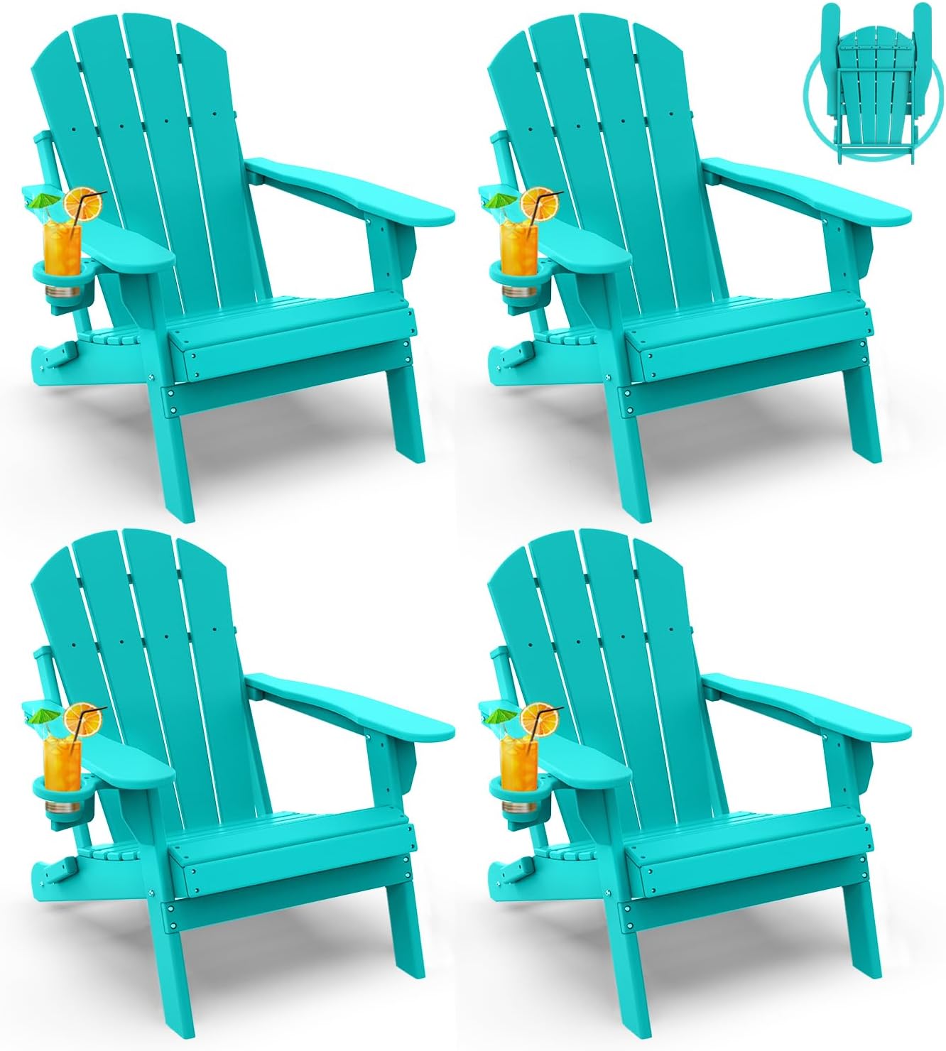 GREENVINES Folding-Adirondack-Chairs-Set-of-4 | HDPE All-Weather | Firepit Chair | Cup Holder | Aqua | for Campfire Deck Backyard Patio Outdoor Poolside Lawn