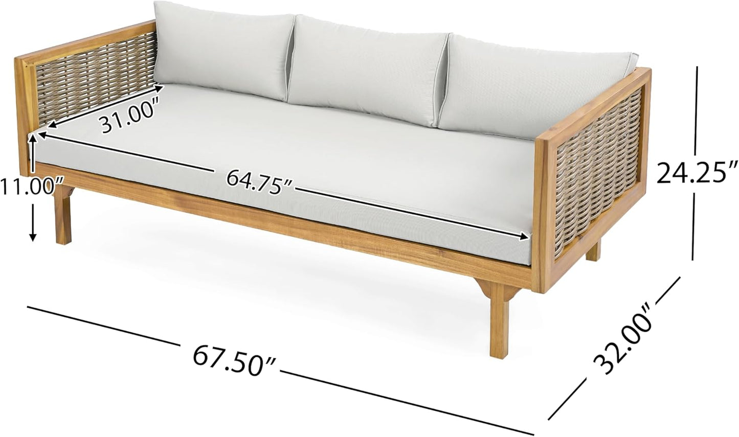 Christopher Knight Home Claremont Patio Sofa and Coffee Table Set, 2 Piece Wicker Patio Furniture Set, Acacia Wood 3 Seater Outdoor Sofa Daybed and Coffee Table Set, Teak+Light Grey