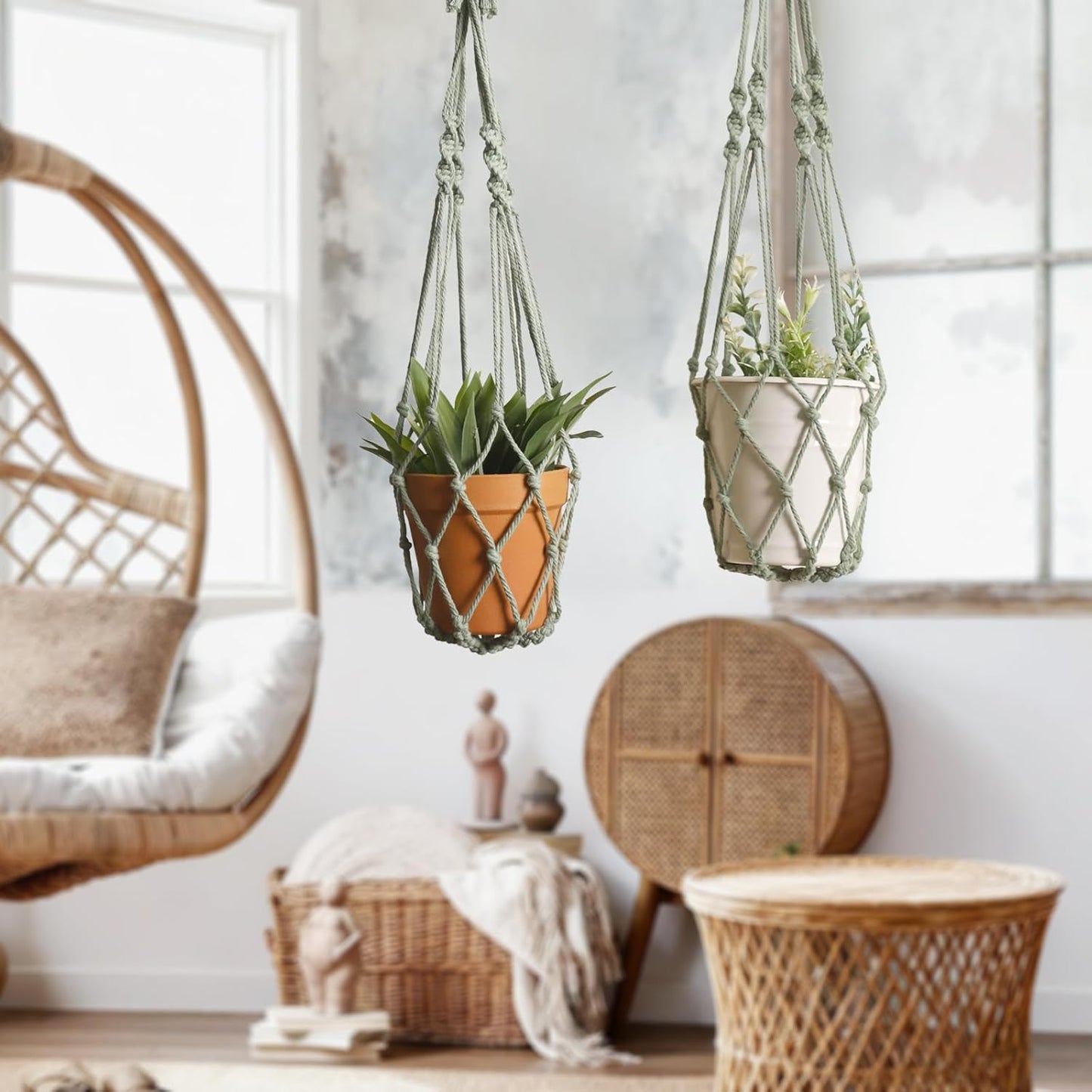 Artilady Macrame Hanging Planter for Indoor Plants, Boho Woven Plant Hanger Large Hanging Flower Pot Holders Outdoor Baskets Storage No Tassels Sage Green Wall Decor