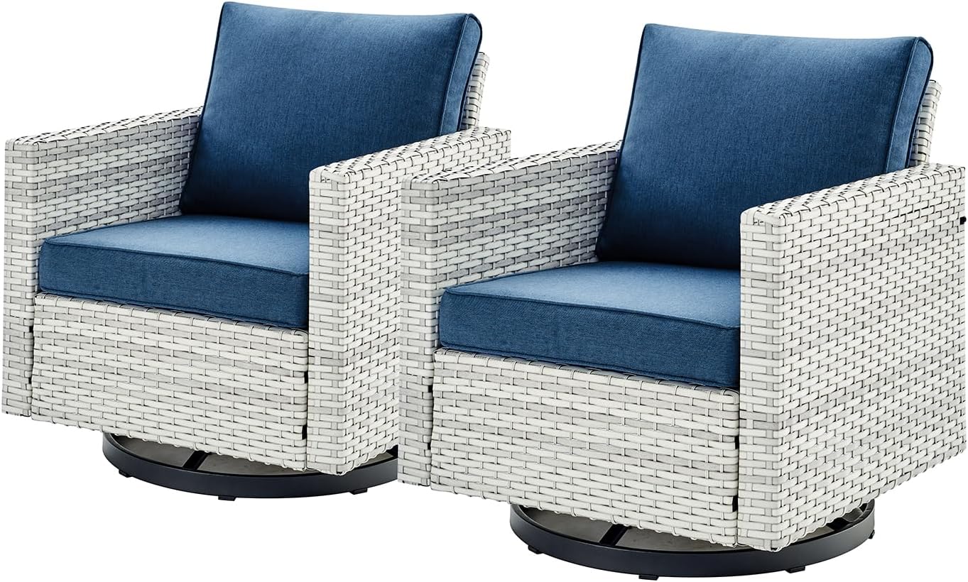 HUMMUH 3-Piece Patio Swivel Chairs,PE Wicker Outdoor Rocking Chairs Bistro Set with Side Table Porch Balcony Furniture with Cushions