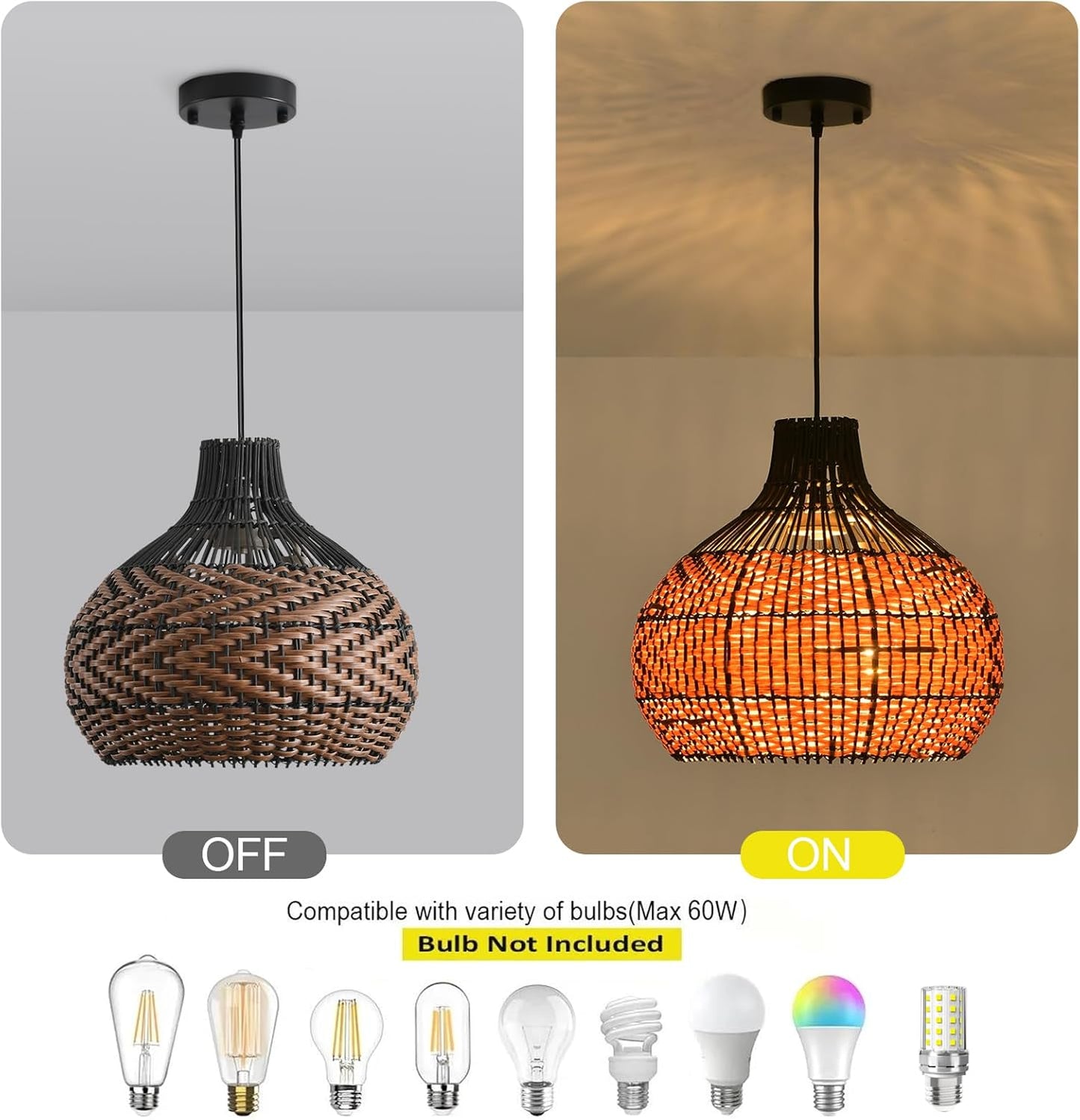 3-Light Rattan Pendant Light,15" Hand-Woven Black Brown Faux Rattan Hanging Light Boho Wicker Basket Chandelier,for Living Room Bedroom Kitchen Dining Farmhouse 1-Pack