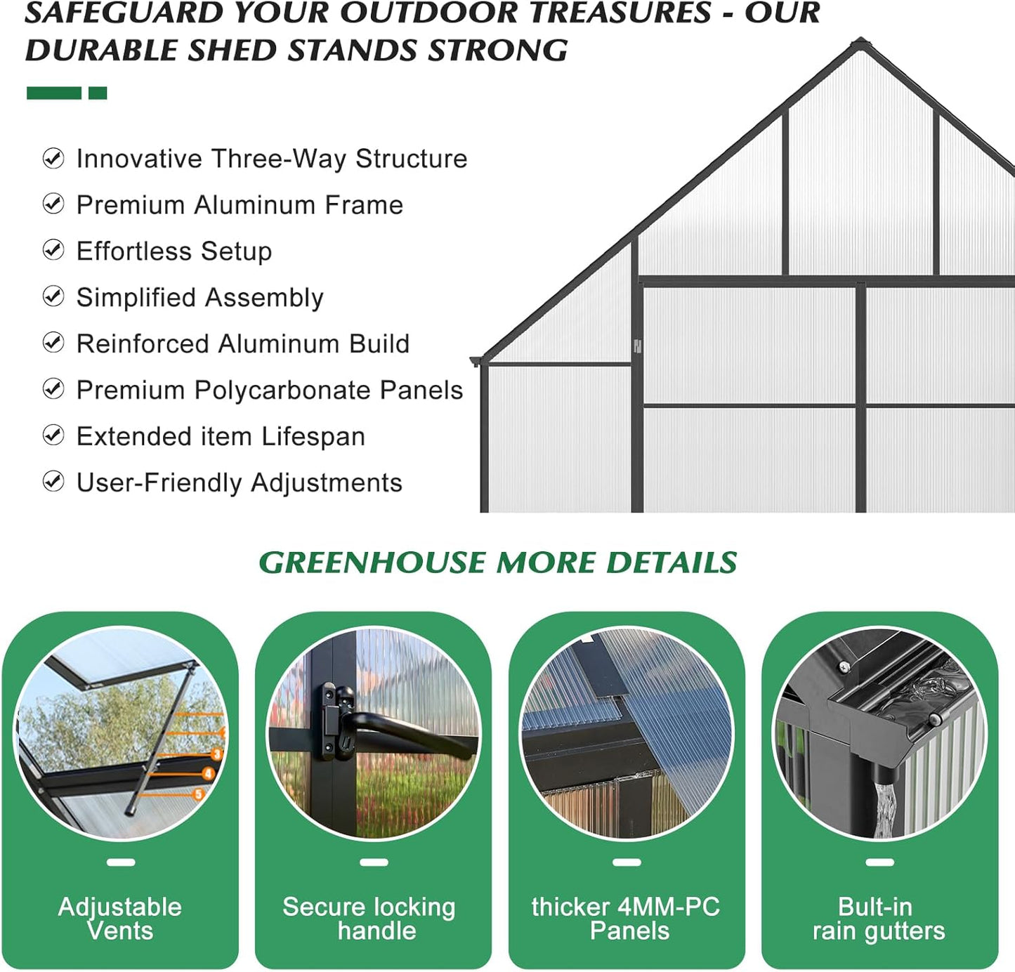 10'x10'x32' Snap-Together Greenhouse - Easy 3-Way Connectors, Heavy-Duty Aluminum Frame, Wind/Snow Resistant for Gardening/Urban Farming, Includes Sliding Door & Ventilation Windows