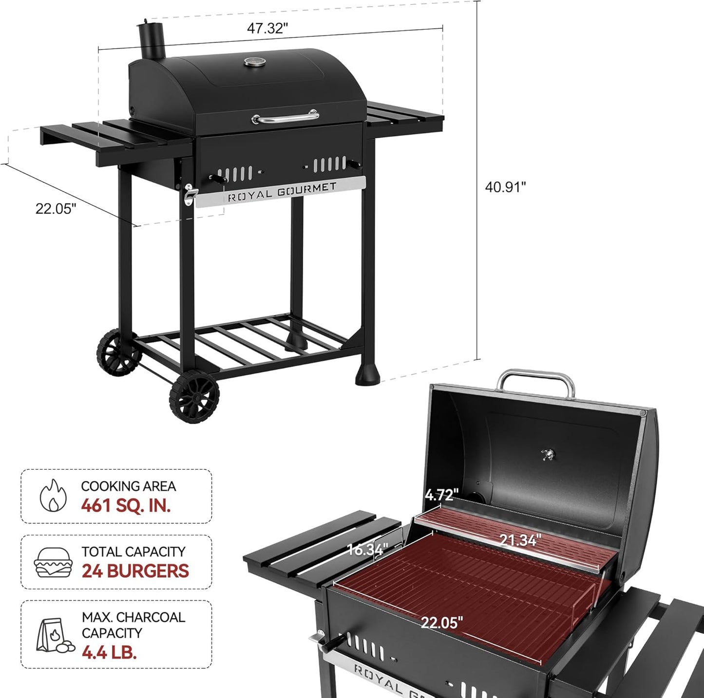 Royal Gourmet CD1824ET Movable Charcoal BBQ Grill with Foldable Side Tables, Outdoor Barbecue Grill with 470 Sq. In. Cooking Area for Outdoor Picnic and Camping Grilling, Black