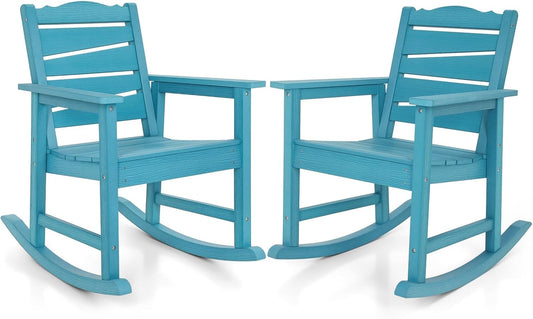 Patio Rocking Chairs Set of 2, Weatherproof HIPS Outdoor Rocking Chair for Adults, 400LBS Support Heavy Duty Porch Rocking Chairs for Garden, Lawn, Backyard, Outdoor and Indoor (Lake Blue)