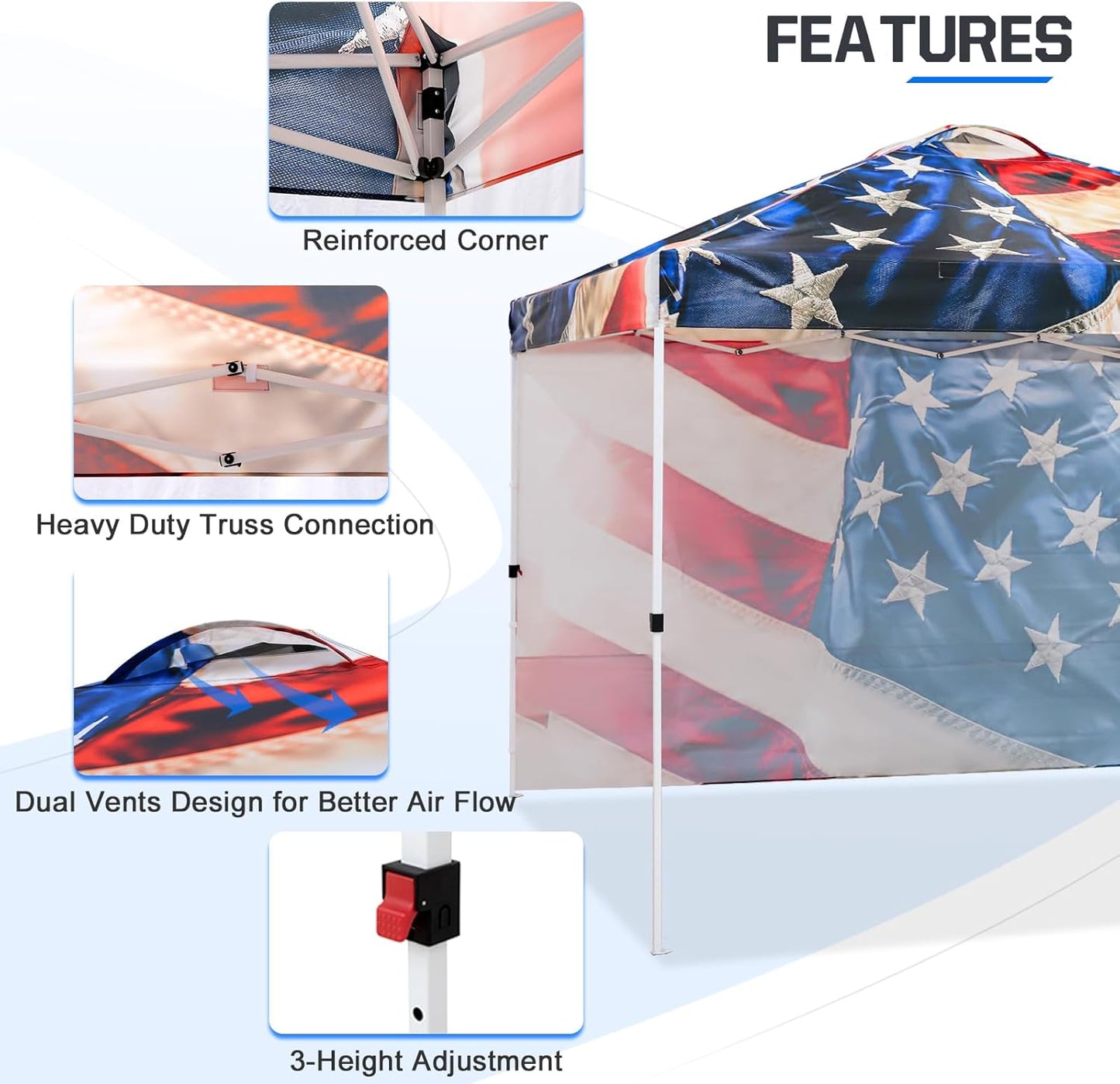 EAGLE PEAK Pop Up Canopy Tent with 1 Sidewall, Easy Setup Event Tent, Outdoor Sun Shade, Wheeled Carry Bag, Stakes and Guy Ropes, Instant Canopy 10x10, Stars and Stripes