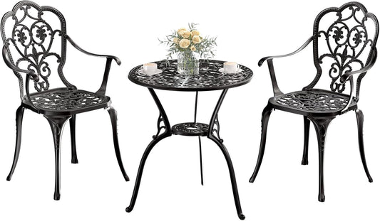 Patio Bistro Set of 2, Cast Aluminum, Outdoor Set w/Umbrella Hole, 3 Piece Table and Chairs Set, Bistro Set for Backyard/Garden/Lawn, Black