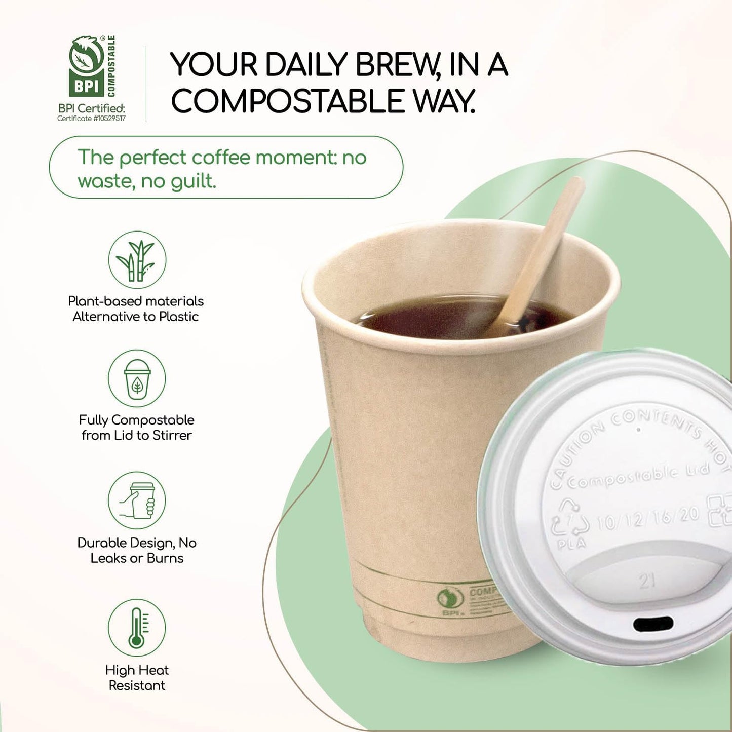 Living Balance Certified Compostable Coffee Cups with Lids 12 oz – 100 Pack Cups with Stirrers & Integrated Sleeves | Leak Proof, BPA-Free & PLA Certified Plant-based | To-Go cup for Hot & Cold Drinks