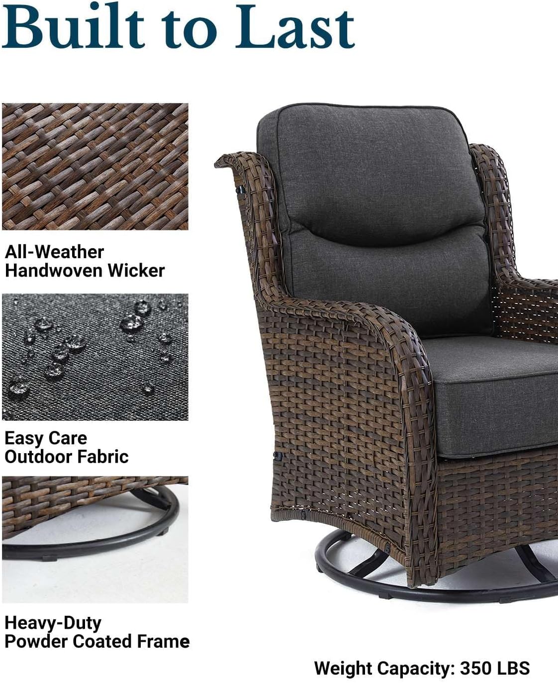 HILLGA Luxury Patio Furniture Set with 6-inch Thick Cushion, Outdoor High Back Swivel Rocker Patio Chairs, 2PCS Wicker Conversation Set for Deck Yard and Poolside, Dark Grey (V2)