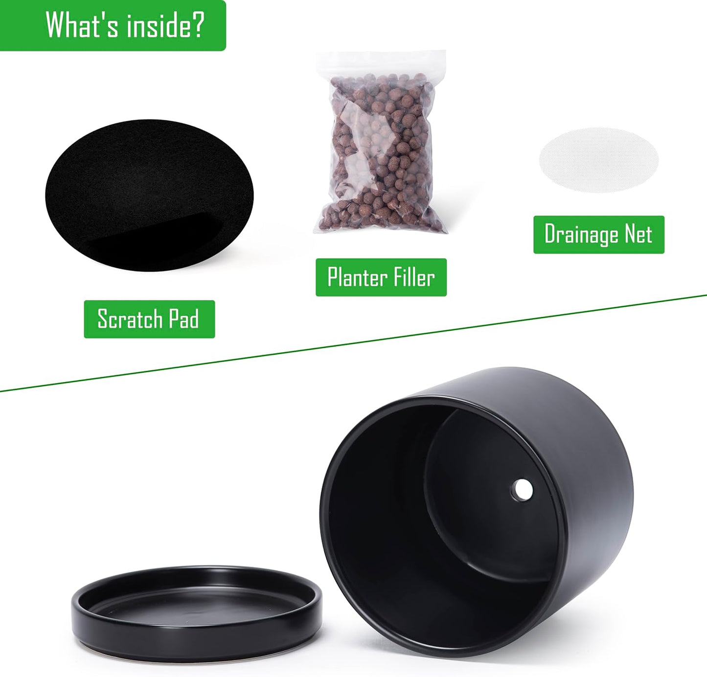 D'vine Dev 6.5 Inch & 8.2 Inch Ceramic Planter Pots for Plants with Drainage Hole and Saucer, Medium Plant Pots Set, Black, 94-G-M-2