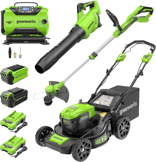 Greenworks 40V 21" Self-Propelled Lawn Mower,Axial Leaf Blower(500 CFM / 120 MPH),13" String Trimmer, 160 PSI Portable Tire Inflator, Includes 2 Batteries(5Ah+2Ah) & Chargers