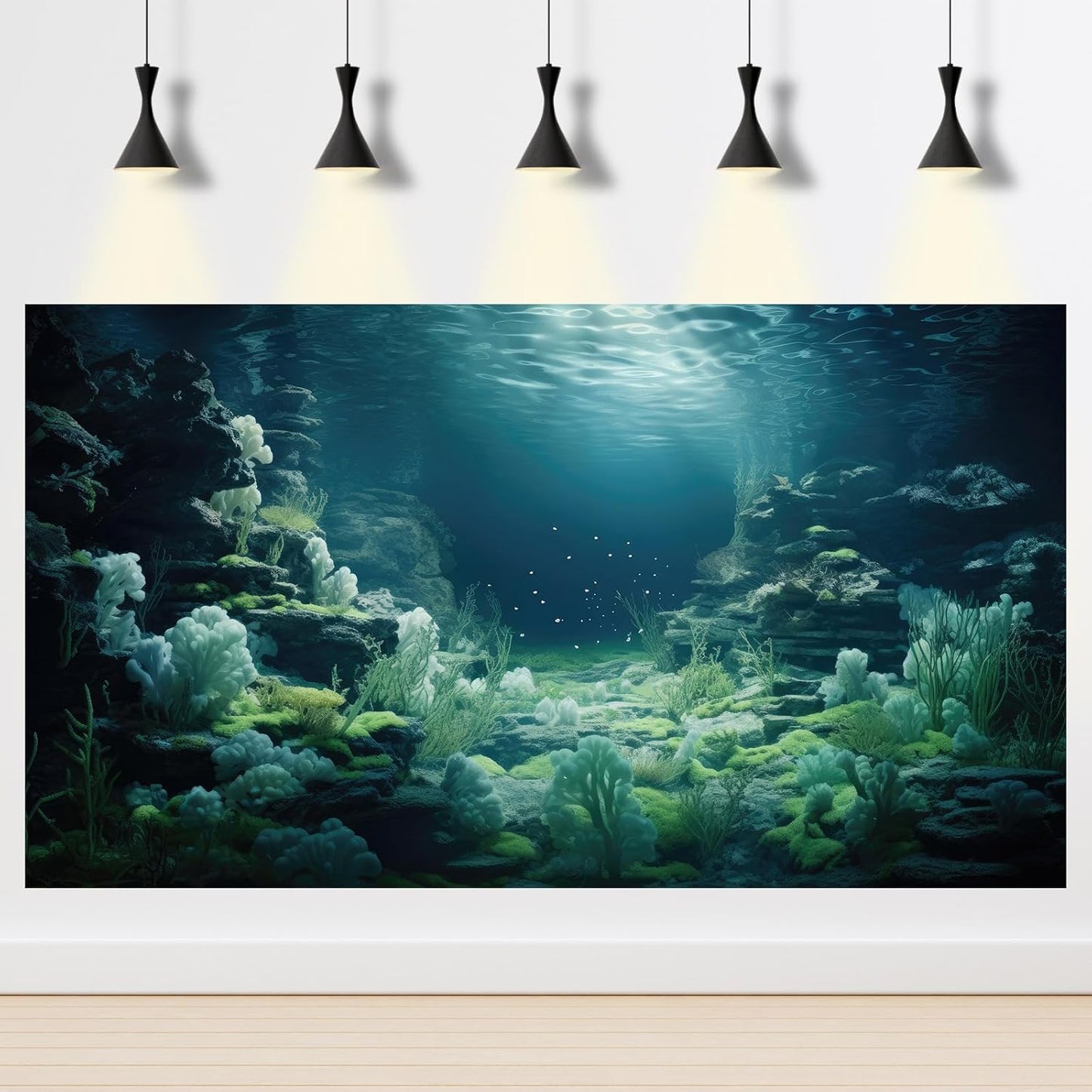 Aquarium Background Underwater Bioluminescent Life Coral Terrarium Backdrop White Coral Lush Moss Fish Tank Background Rock Sunlight Rays Tank Aquarium Wallpaper Poster Vinyl 72x18in