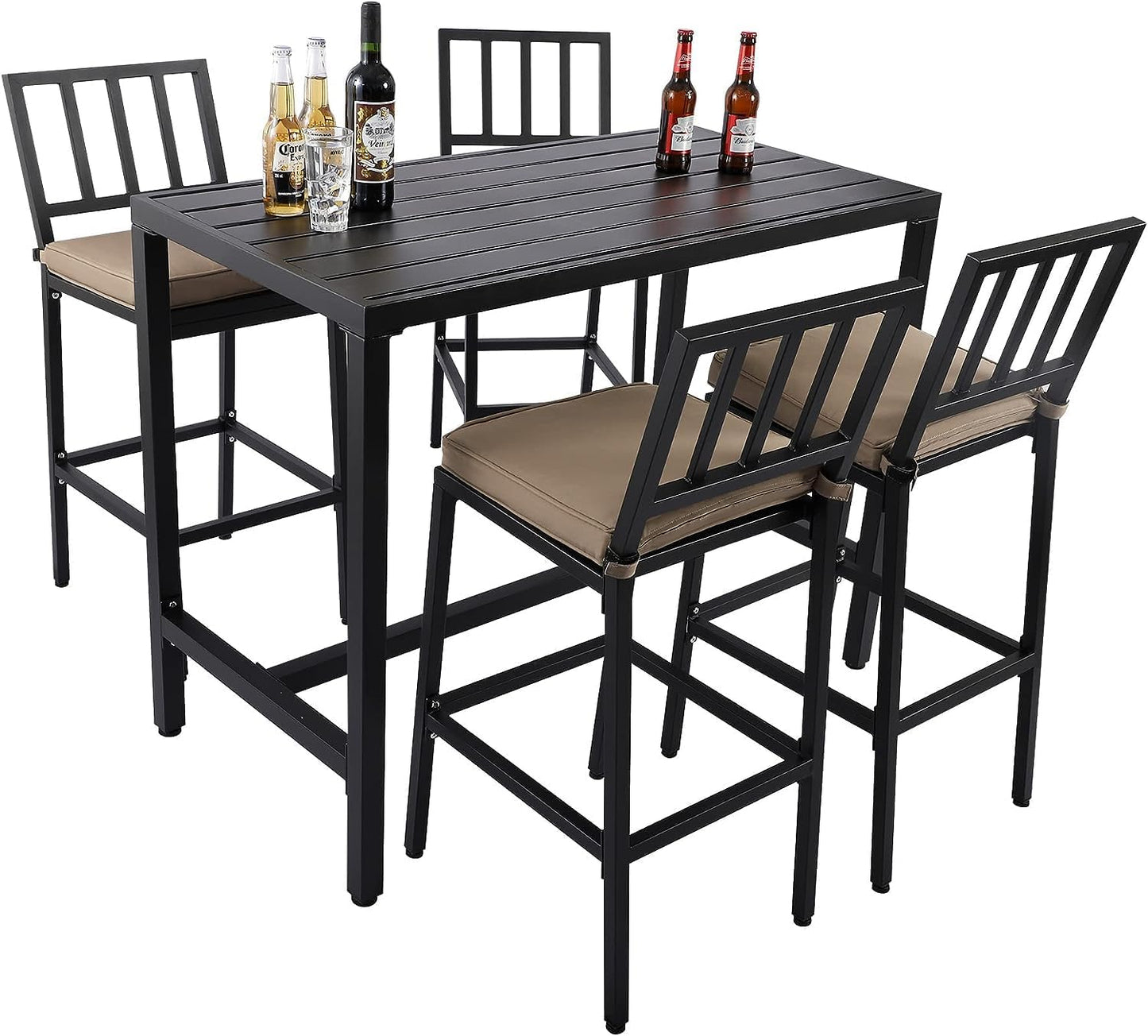 Outdoor Patio Bar Set, Bar Height Patio Dining Set, Weather-Resistant Bistro Counter Pub Set with Cushions & Slatted Tabletop for Backyard