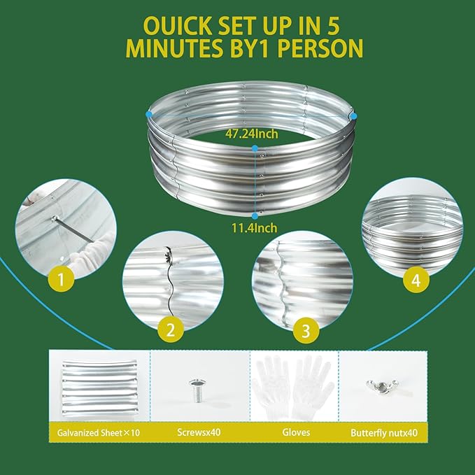 Durable Round Galvanized Steel Raised Garden Bed for Planting,Round Galvanized Steel Fire Ring/Fir Pit for Outdoor- 4×4×1FT,0.8MM Thick Black (47 ins Diameter x 12 ins high, Silver)