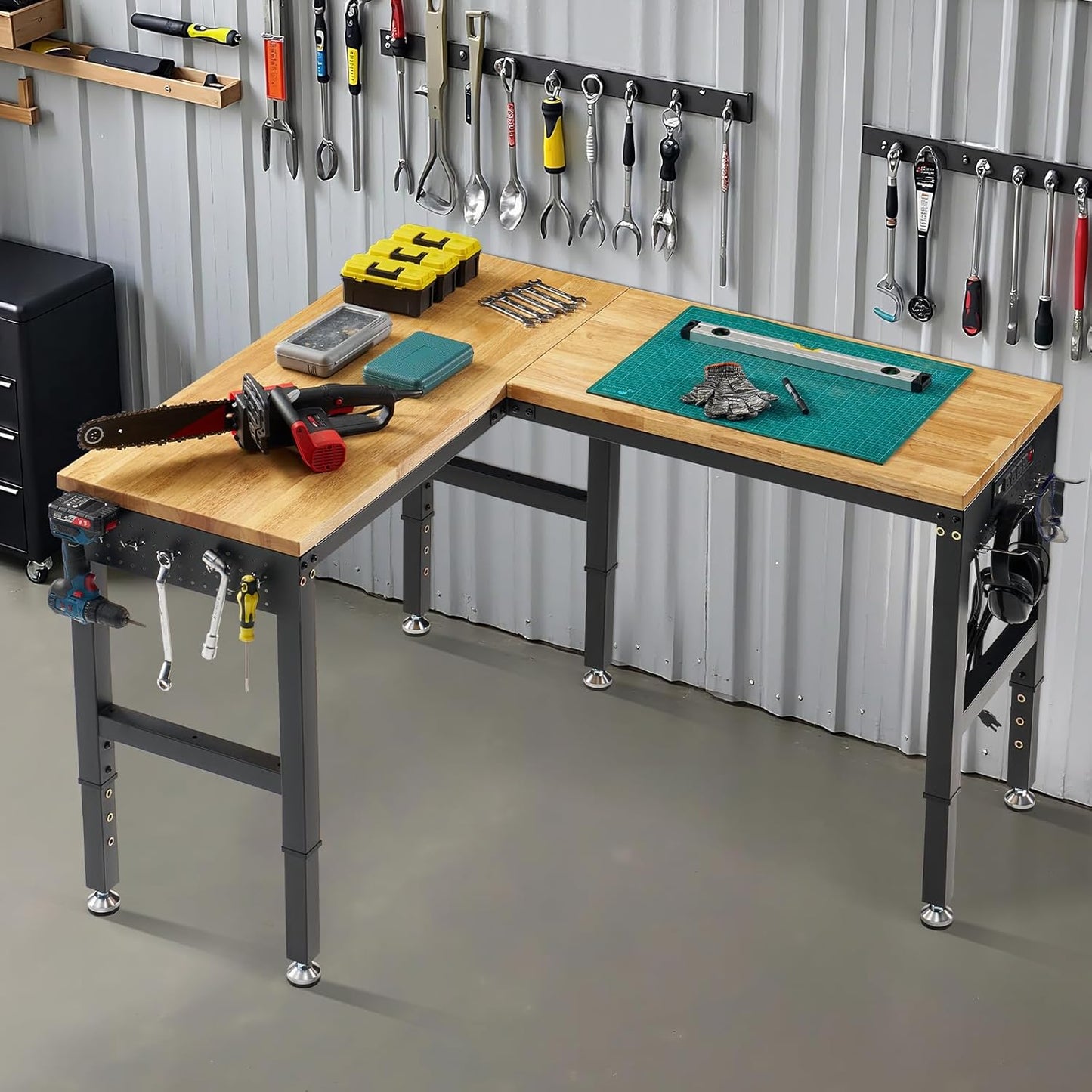 Albott 56"x48" L-Shaped Adjustable Workbench with Storage & Power Strip, Heavy Duty Tool Bench for Woodworking, Garage, Workshop, Home Office, 6000LBS Load, Pegboard & Hooks, ETL Certified