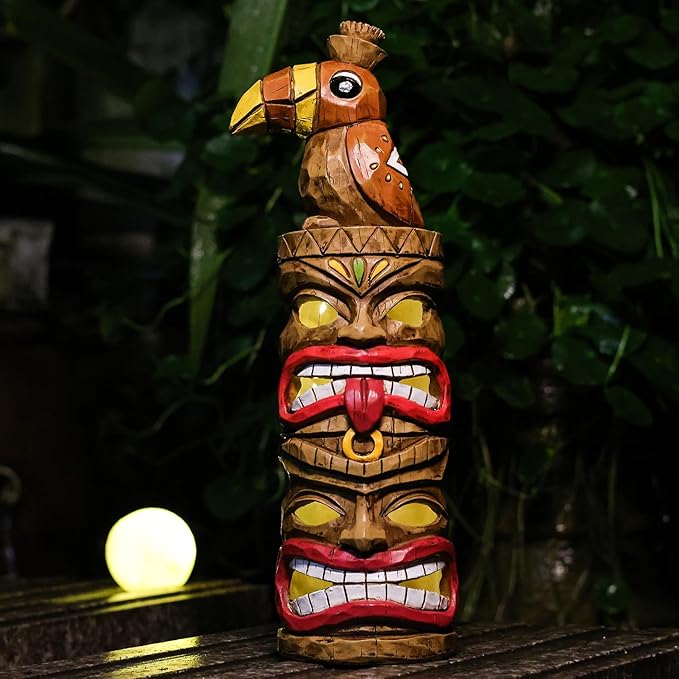 Outdoor Tiki Statue Decoration-Solar Garden Figurine - Woodpecker Waterproof Unique Housewarming Gifts for Women Patio,Balcony,Yard,Lawn Decor 15 Inch Tall