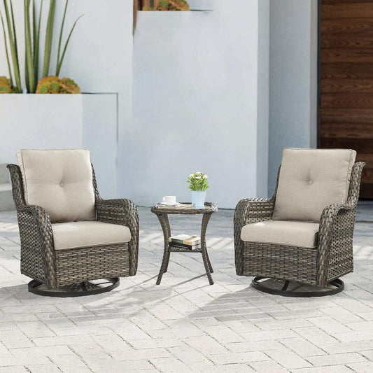 Outdoor Patio Swivel Rocker Chairs - 3 Piece Patio Bistro Set,Wicker Patio Furniture Set with 2 Swivel Rocking Chairs and 1 Glass Top Side Table for Deck Porch Garden,Mixed Grey/Beige