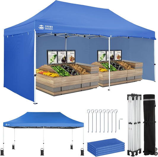 CROWN SHADES 10x20 Pop Up Canopy Tent, Thicken Frame Commercial Heavy Duty Tent, 4 Sidewalls 8 Stakes & 4 Sandbags & 4 Ropes, Outdoor Canopies for Events, Parties, Blue