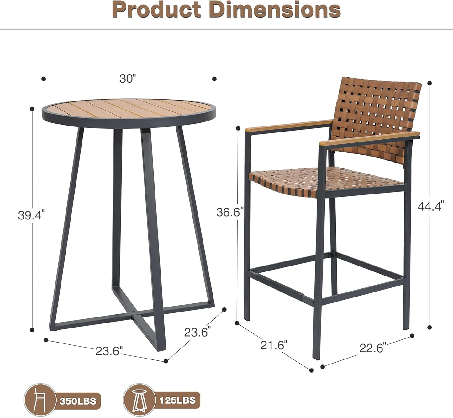 3 Piece Bar Height Patio Table and Chairs Set, High Top Bistro Set with Fauxwood Armrest, Outdoor Bar Stools and Table Sets for Garden, Backyard, Home, Balcony