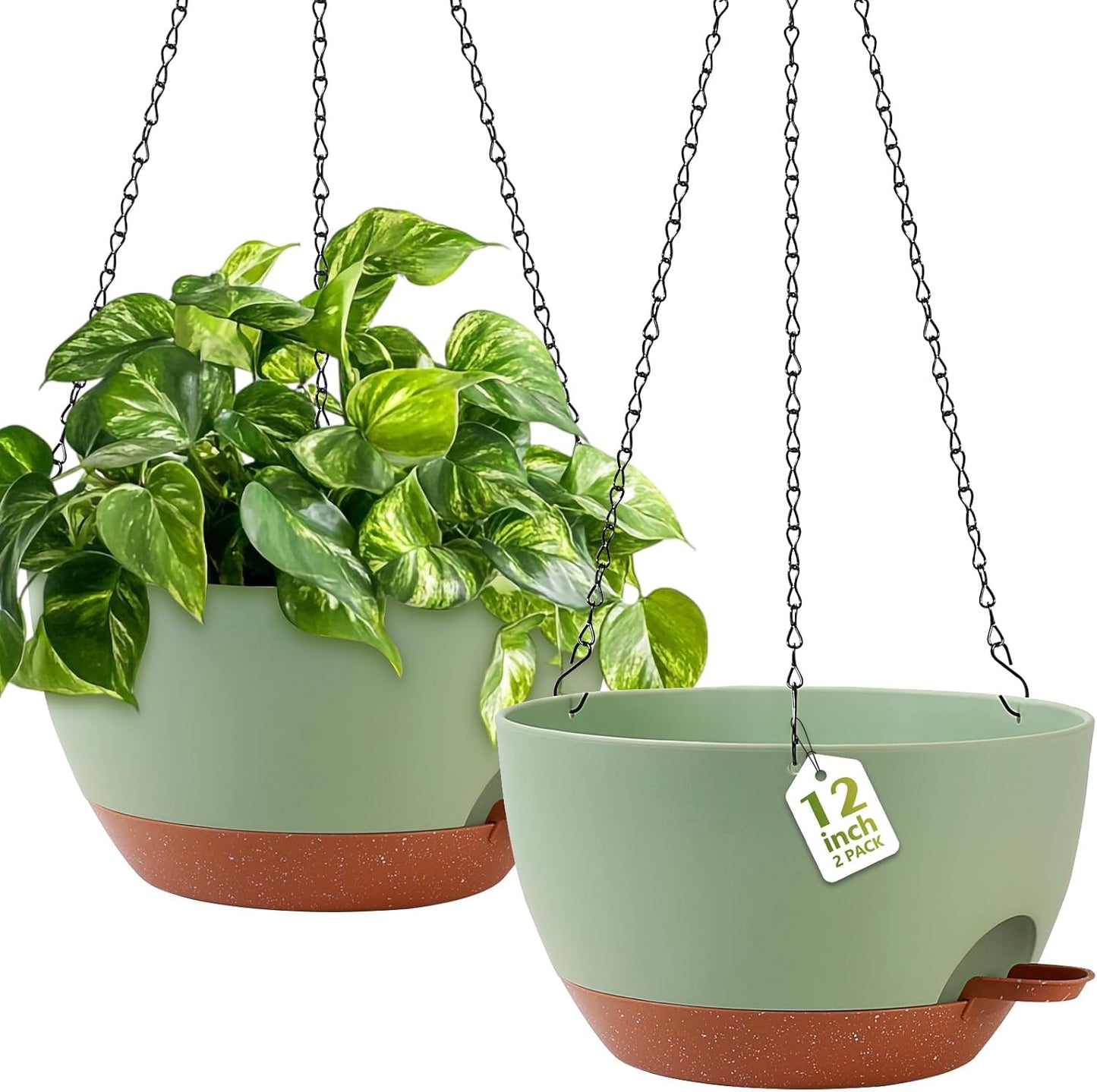 GARDIFE Hanging Planters for Indoor Outdoor Plants, 2 Pack Self Watering Hanging Pot with Drainage Holes & Removable Tray (Green, 12 inch)