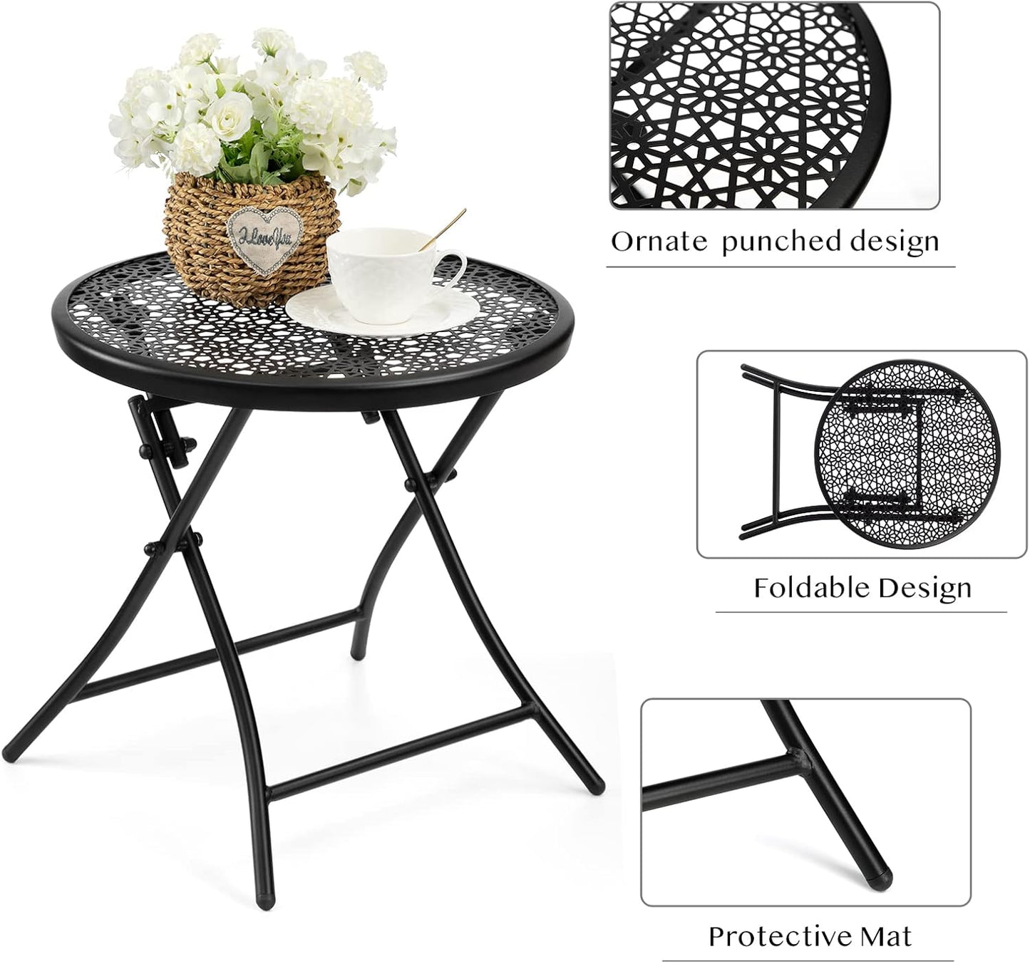 TeoKJ Folding Outdoor Side Tables, Anti Rust Small Patio Table Round Metal Nightstand with Flower Cutouts for Porch Yard Balcony Deck Lawn, Set of 2, Black