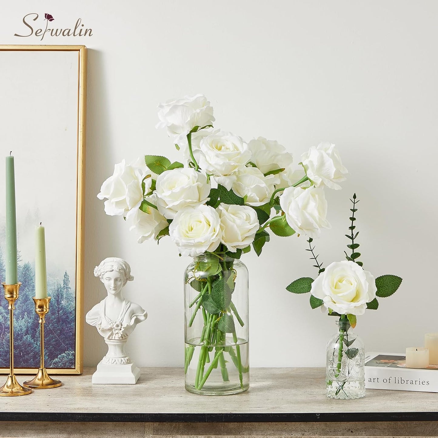 Serwalin 20PCS Artificial White Roses, 4'' Big Flower Head, Ivory Silk Roses, Velvet Fake Roses Bouquet Long Stem Roses for Home Decor Wedding and Table Centerpiece