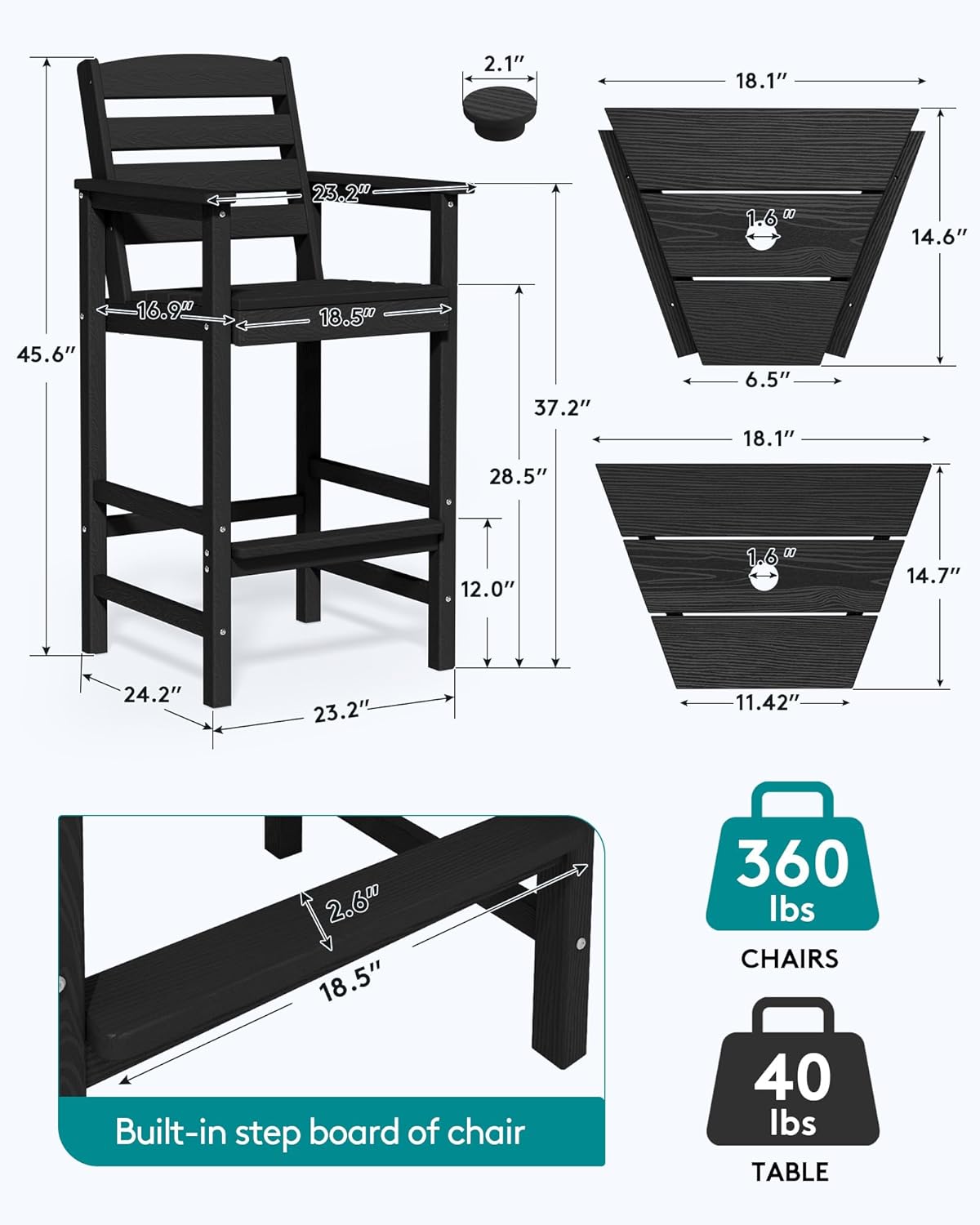 SERWALL Tall Adirondack Chairs Set of 2 with Connecting Table, All Weather Outdoor Barstools, Black