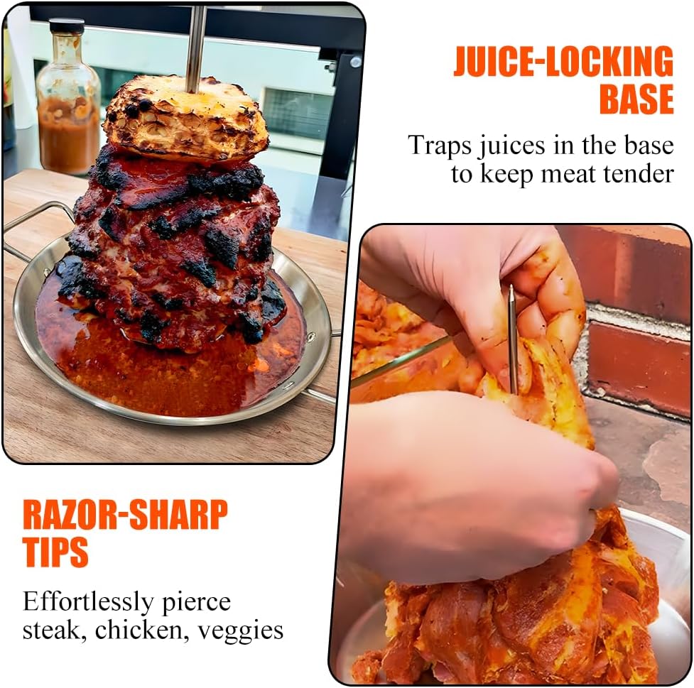 BBQ Vertical Skewer Pan Stainless Steel Gyro Spit Shawarma Stand for oven, Al Pastor Skewer for Grill, El Pastor Hack for Tacos Al Pastor Chicken, Brazilian, with 8",10",12" stick