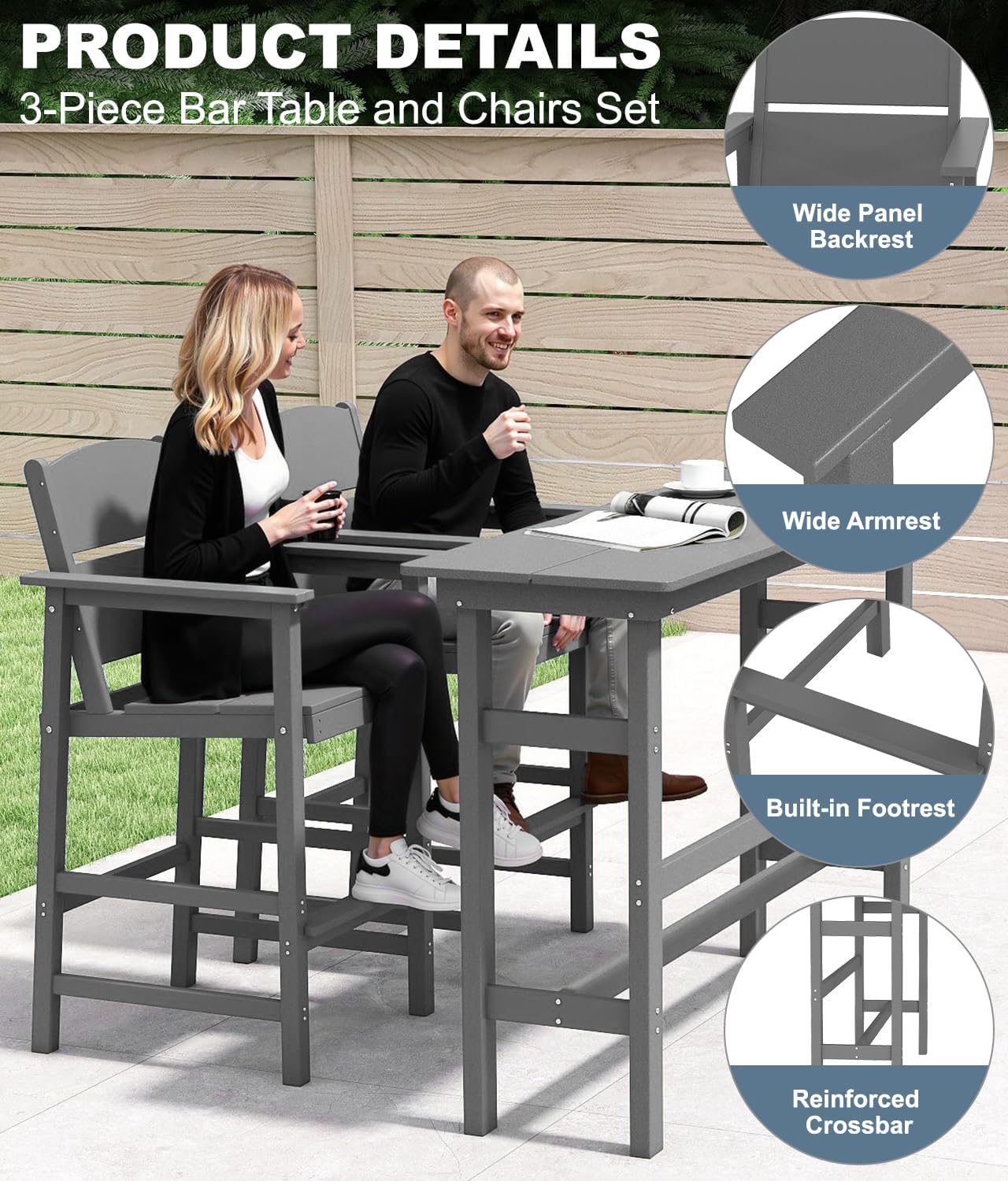 Bar Height Patio Table and Chairs Set, 3-Piece HDPE Outdoor Adirondack Bar Chairs and Patio Table, All-Weather Patio Furniture for Poolside, Backyard, Garden, High Top Patio Bar Set, Grey